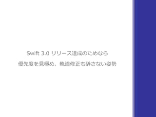 Swift 3.0 リリース達成のためなら
優先度を⾒極め、軌道修正も辞さない姿勢
 