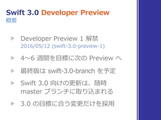 Swift 3.0 Developer Preview
▶ Developer Preview 1 解禁 
2016/05/12 (swift-3.0-preview-1)
▶ 4〜6 週間を⽬標に次の Preview へ
▶ 最終版は swift-3.0-branch を予定
▶ Swift 3.0 向けの更新は、随時 
master ブランチに取り込まれる
▶ 3.0 の⽬標に合う変更だけを採⽤
概要
 