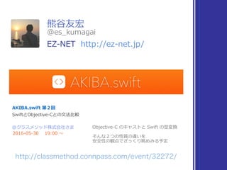 熊⾕友宏
AKIBA.swift 第２回
Objective-C のキャストと Swift の型変換
そんな２つの性質の違いを
安全性の観点でざっくり眺めみる予定
@クラスメソッド株式会社さま
2016-05-30 19:00 〜
SwiftとObjective-Cとの⽂法⽐較
@es_kumagai
EZ-NET http://ez-net.jp/
 