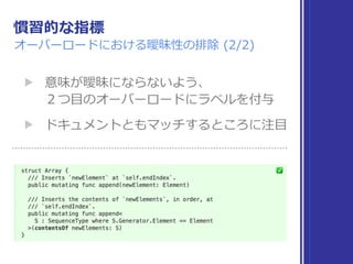 慣習的な指標
オーバーロードにおける曖昧性の排除 (2/2)
▶ 意味が曖昧にならないよう、 
２つ⽬のオーバーロードにラベルを付与
▶ ドキュメントともマッチするところに注⽬
 