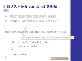 func function(var initial value: Int, count: Int) -> Int {
(1 ..< count).forEach { _ in
value += value
}
return value
}
 