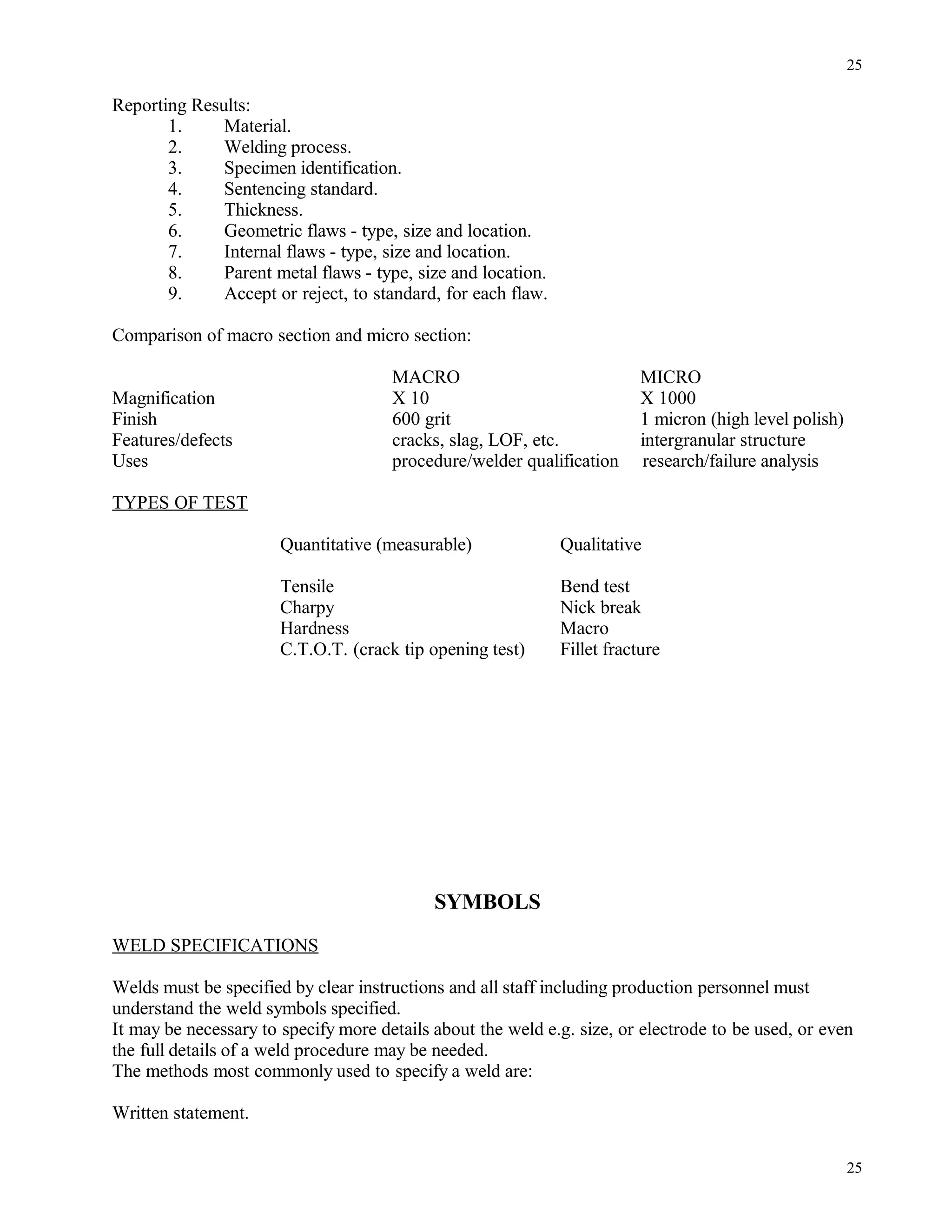 Reporting Results:
1. Material.
2. Welding process.
3. Specimen identification.
4. Sentencing standard.
5. Thickness.
6. Geometric flaws - type, size and location.
7. Internal flaws - type, size and location.
8. Parent metal flaws - type, size and location.
9. Accept or reject, to standard, for each flaw.
Comparison of macro section and micro section:
MACRO MICRO
Magnification X 10 X 1000
Finish 600 grit 1 micron (high level polish)
Features/defects cracks, slag, LOF, etc. intergranular structure
Uses procedure/welder qualification research/failure analysis
TYPES OF TEST
Quantitative (measurable) Qualitative
Tensile Bend test
Charpy Nick break
Hardness Macro
C.T.O.T. (crack tip opening test) Fillet fracture
SYMBOLS
WELD SPECIFICATIONS
Welds must be specified by clear instructions and all staff including production personnel must
understand the weld symbols specified.
It may be necessary to specify more details about the weld e.g. size, or electrode to be used, or even
the full details of a weld procedure may be needed.
The methods most commonly used to specify a weld are:
Written statement.
25
25
 