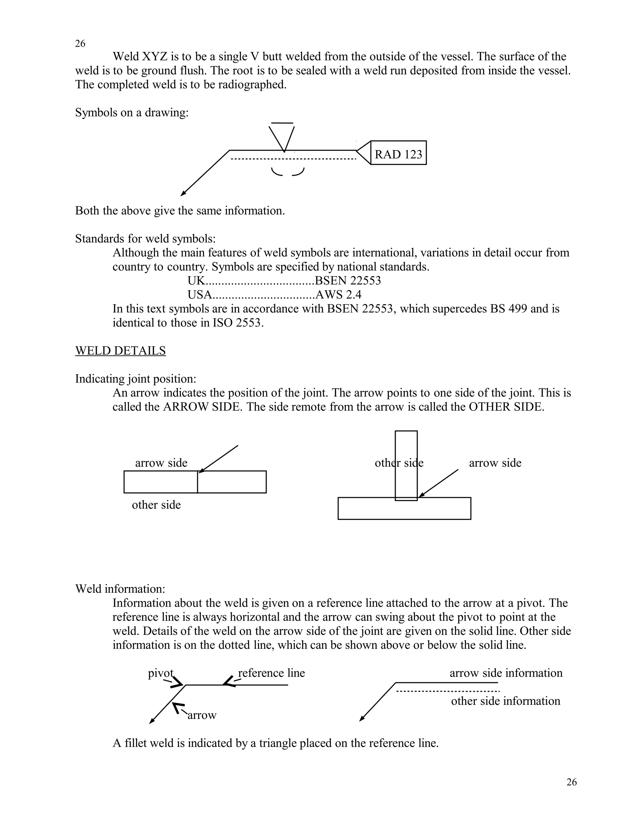Weld XYZ is to be a single V butt welded from the outside of the vessel. The surface of the
weld is to be ground flush. The root is to be sealed with a weld run deposited from inside the vessel.
The completed weld is to be radiographed.
Symbols on a drawing:
RAD 123
Both the above give the same information.
Standards for weld symbols:
Although the main features of weld symbols are international, variations in detail occur from
country to country. Symbols are specified by national standards.
UK..................................BSEN 22553
USA................................AWS 2.4
In this text symbols are in accordance with BSEN 22553, which supercedes BS 499 and is
identical to those in ISO 2553.
WELD DETAILS
Indicating joint position:
An arrow indicates the position of the joint. The arrow points to one side of the joint. This is
called the ARROW SIDE. The side remote from the arrow is called the OTHER SIDE.
arrow side other side arrow side
other side
Weld information:
Information about the weld is given on a reference line attached to the arrow at a pivot. The
reference line is always horizontal and the arrow can swing about the pivot to point at the
weld. Details of the weld on the arrow side of the joint are given on the solid line. Other side
information is on the dotted line, which can be shown above or below the solid line.
pivot reference line arrow side information
other side information
arrow
A fillet weld is indicated by a triangle placed on the reference line.
26
26
 