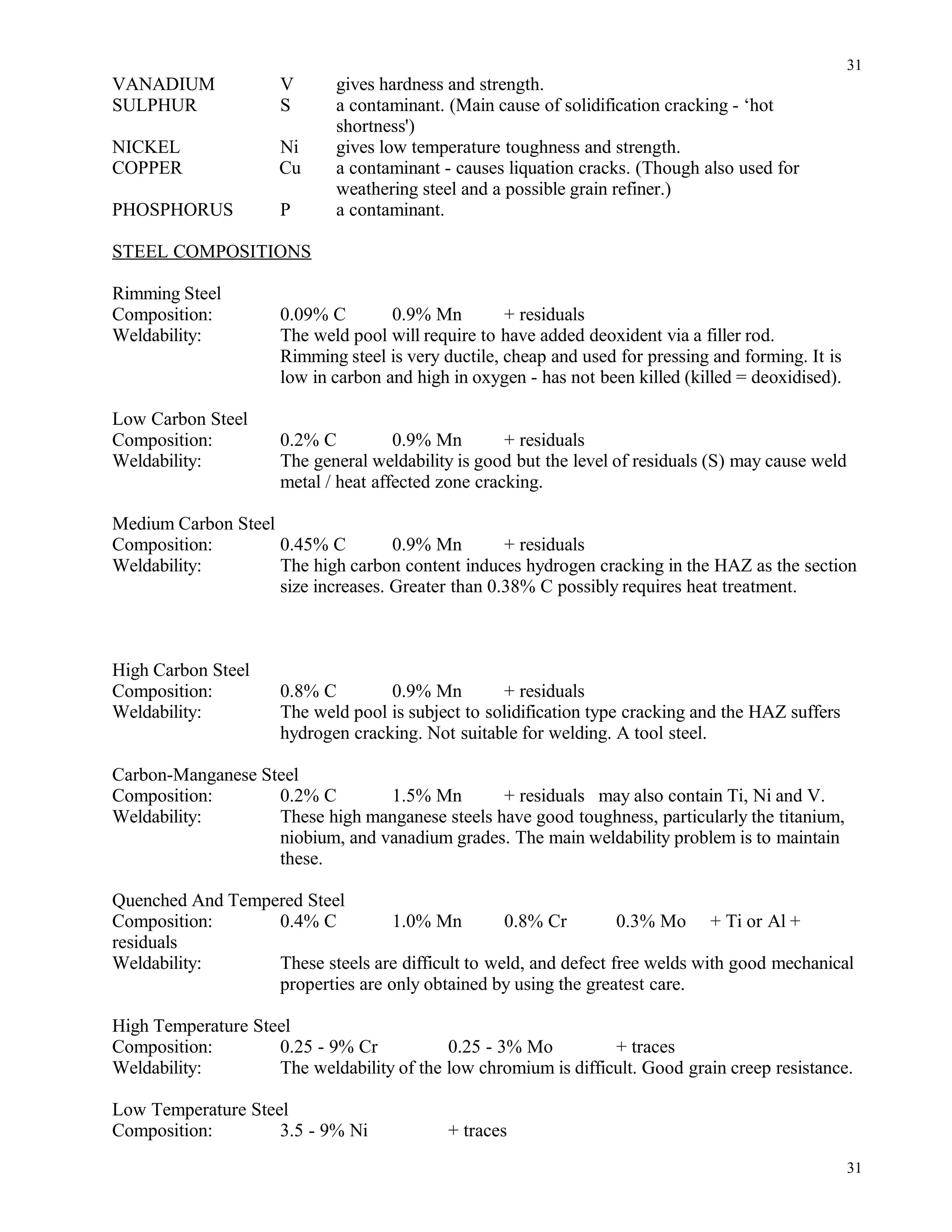 VANADIUM V gives hardness and strength.
SULPHUR S a contaminant. (Main cause of solidification cracking - ‘hot
shortness')
NICKEL Ni gives low temperature toughness and strength.
COPPER Cu a contaminant - causes liquation cracks. (Though also used for
weathering steel and a possible grain refiner.)
PHOSPHORUS P a contaminant.
STEEL COMPOSITIONS
Rimming Steel
Composition: 0.09% C 0.9% Mn + residuals
Weldability: The weld pool will require to have added deoxident via a filler rod.
Rimming steel is very ductile, cheap and used for pressing and forming. It is
low in carbon and high in oxygen - has not been killed (killed = deoxidised).
Low Carbon Steel
Composition: 0.2% C 0.9% Mn + residuals
Weldability: The general weldability is good but the level of residuals (S) may cause weld
metal / heat affected zone cracking.
Medium Carbon Steel
Composition: 0.45% C 0.9% Mn + residuals
Weldability: The high carbon content induces hydrogen cracking in the HAZ as the section
size increases. Greater than 0.38% C possibly requires heat treatment.
High Carbon Steel
Composition: 0.8% C 0.9% Mn + residuals
Weldability: The weld pool is subject to solidification type cracking and the HAZ suffers
hydrogen cracking. Not suitable for welding. A tool steel.
Carbon-Manganese Steel
Composition: 0.2% C 1.5% Mn + residuals may also contain Ti, Ni and V.
Weldability: These high manganese steels have good toughness, particularly the titanium,
niobium, and vanadium grades. The main weldability problem is to maintain
these.
Quenched And Tempered Steel
Composition: 0.4% C 1.0% Mn 0.8% Cr 0.3% Mo + Ti or Al +
residuals
Weldability: These steels are difficult to weld, and defect free welds with good mechanical
properties are only obtained by using the greatest care.
High Temperature Steel
Composition: 0.25 - 9% Cr 0.25 - 3% Mo + traces
Weldability: The weldability of the low chromium is difficult. Good grain creep resistance.
Low Temperature Steel
Composition: 3.5 - 9% Ni + traces
31
31
 