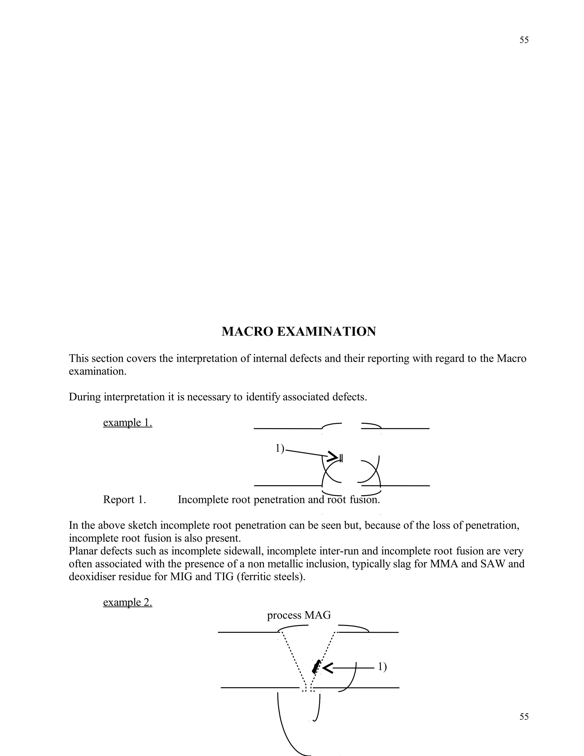 MACRO EXAMINATION
This section covers the interpretation of internal defects and their reporting with regard to the Macro
examination.
During interpretation it is necessary to identify associated defects.
example 1.
1)
Report 1. Incomplete root penetration and root fusion.
In the above sketch incomplete root penetration can be seen but, because of the loss of penetration,
incomplete root fusion is also present.
Planar defects such as incomplete sidewall, incomplete inter-run and incomplete root fusion are very
often associated with the presence of a non metallic inclusion, typically slag for MMA and SAW and
deoxidiser residue for MIG and TIG (ferritic steels).
example 2.
process MAG
1)
55
55
 