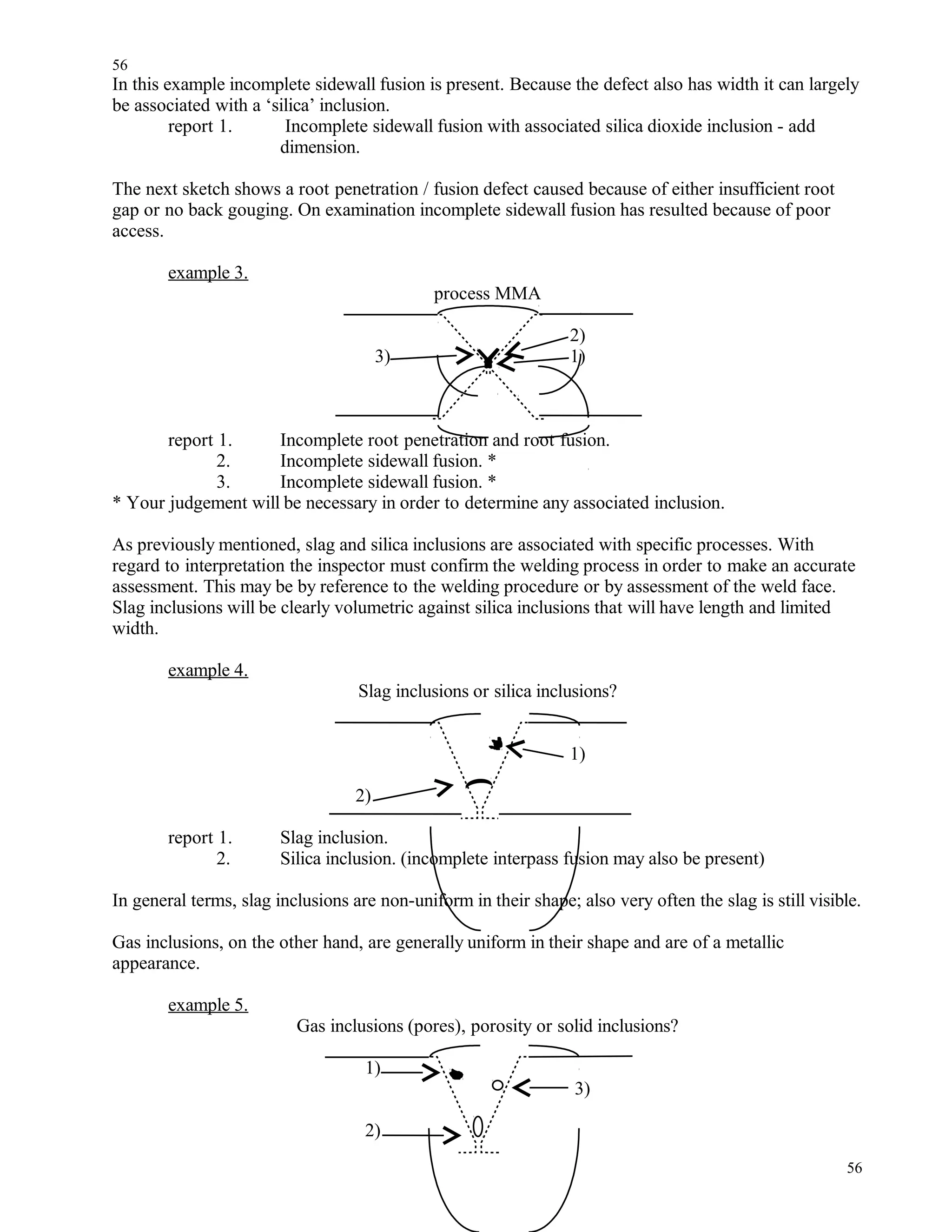 In this example incomplete sidewall fusion is present. Because the defect also has width it can largely
be associated with a ‘silica’ inclusion.
report 1. Incomplete sidewall fusion with associated silica dioxide inclusion - add
dimension.
The next sketch shows a root penetration / fusion defect caused because of either insufficient root
gap or no back gouging. On examination incomplete sidewall fusion has resulted because of poor
access.
example 3.
process MMA
2)
3) 1)
report 1. Incomplete root penetration and root fusion.
2. Incomplete sidewall fusion. *
3. Incomplete sidewall fusion. *
* Your judgement will be necessary in order to determine any associated inclusion.
As previously mentioned, slag and silica inclusions are associated with specific processes. With
regard to interpretation the inspector must confirm the welding process in order to make an accurate
assessment. This may be by reference to the welding procedure or by assessment of the weld face.
Slag inclusions will be clearly volumetric against silica inclusions that will have length and limited
width.
example 4.
Slag inclusions or silica inclusions?
1)
2)
report 1. Slag inclusion.
2. Silica inclusion. (incomplete interpass fusion may also be present)
In general terms, slag inclusions are non-uniform in their shape; also very often the slag is still visible.
Gas inclusions, on the other hand, are generally uniform in their shape and are of a metallic
appearance.
example 5.
Gas inclusions (pores), porosity or solid inclusions?
1)
3)
2)
56
56
 