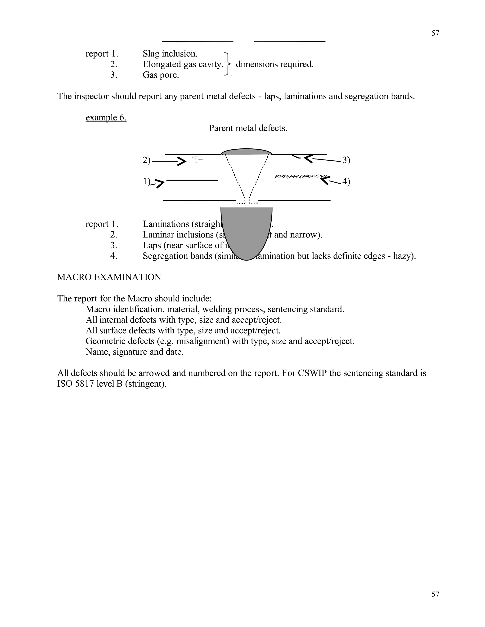 report 1. Slag inclusion.
2. Elongated gas cavity. dimensions required.
3. Gas pore.
The inspector should report any parent metal defects - laps, laminations and segregation bands.
example 6.
Parent metal defects.
2) 3)
1) 4)
report 1. Laminations (straight and narrow).
2. Laminar inclusions (small, straight and narrow).
3. Laps (near surface of material).
4. Segregation bands (similar to lamination but lacks definite edges - hazy).
MACRO EXAMINATION
The report for the Macro should include:
Macro identification, material, welding process, sentencing standard.
All internal defects with type, size and accept/reject.
All surface defects with type, size and accept/reject.
Geometric defects (e.g. misalignment) with type, size and accept/reject.
Name, signature and date.
All defects should be arrowed and numbered on the report. For CSWIP the sentencing standard is
ISO 5817 level B (stringent).
57
57
 