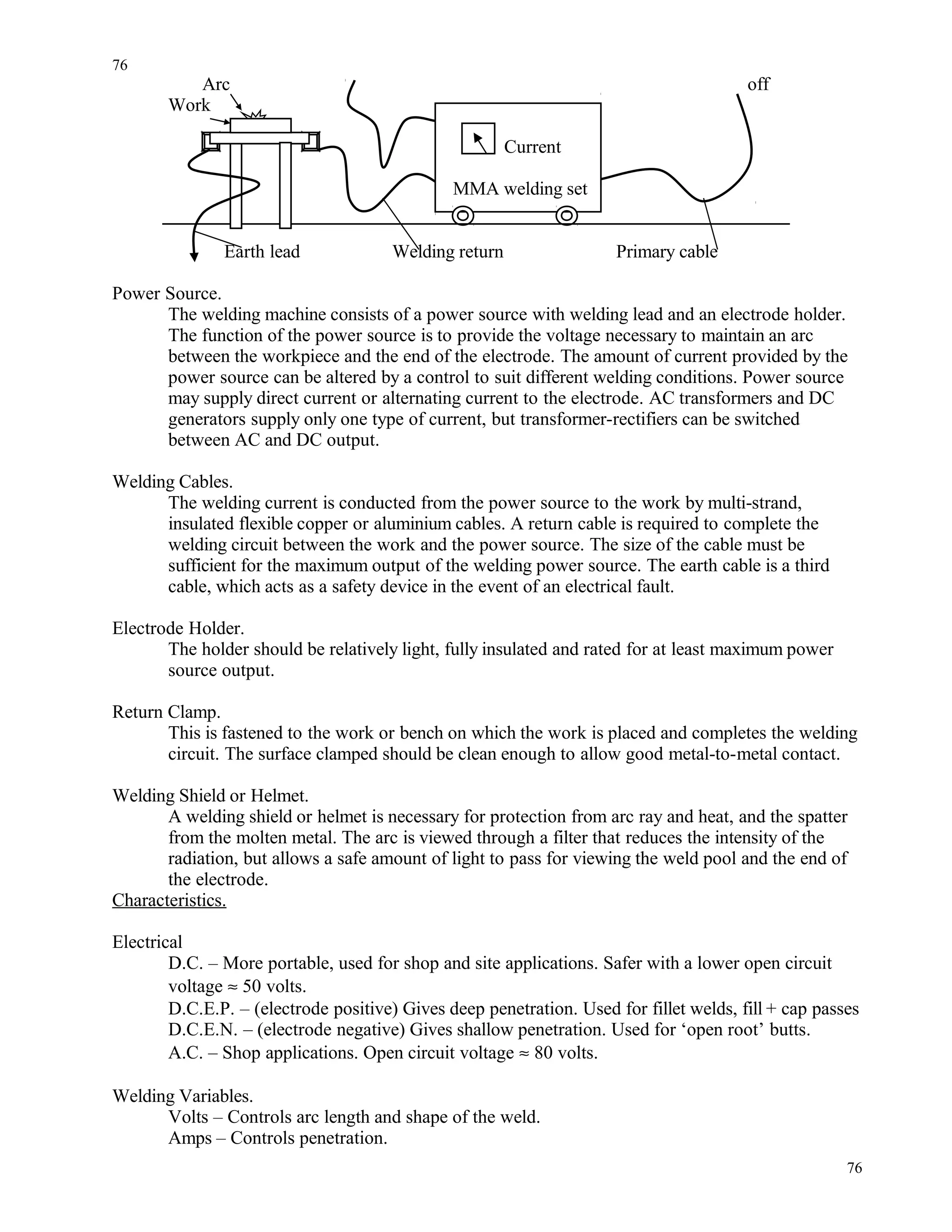 Arc off
Work
Current
MMA welding set
Earth lead Welding return Primary cable
Power Source.
The welding machine consists of a power source with welding lead and an electrode holder.
The function of the power source is to provide the voltage necessary to maintain an arc
between the workpiece and the end of the electrode. The amount of current provided by the
power source can be altered by a control to suit different welding conditions. Power source
may supply direct current or alternating current to the electrode. AC transformers and DC
generators supply only one type of current, but transformer-rectifiers can be switched
between AC and DC output.
Welding Cables.
The welding current is conducted from the power source to the work by multi-strand,
insulated flexible copper or aluminium cables. A return cable is required to complete the
welding circuit between the work and the power source. The size of the cable must be
sufficient for the maximum output of the welding power source. The earth cable is a third
cable, which acts as a safety device in the event of an electrical fault.
Electrode Holder.
The holder should be relatively light, fully insulated and rated for at least maximum power
source output.
Return Clamp.
This is fastened to the work or bench on which the work is placed and completes the welding
circuit. The surface clamped should be clean enough to allow good metal-to-metal contact.
Welding Shield or Helmet.
A welding shield or helmet is necessary for protection from arc ray and heat, and the spatter
from the molten metal. The arc is viewed through a filter that reduces the intensity of the
radiation, but allows a safe amount of light to pass for viewing the weld pool and the end of
the electrode.
Characteristics.
Electrical
D.C. – More portable, used for shop and site applications. Safer with a lower open circuit
voltage ≈ 50 volts.
D.C.E.P. – (electrode positive) Gives deep penetration. Used for fillet welds, fill + cap passes
D.C.E.N. – (electrode negative) Gives shallow penetration. Used for ‘open root’ butts.
A.C. – Shop applications. Open circuit voltage ≈ 80 volts.
Welding Variables.
Volts – Controls arc length and shape of the weld.
Amps – Controls penetration.
76
76
 