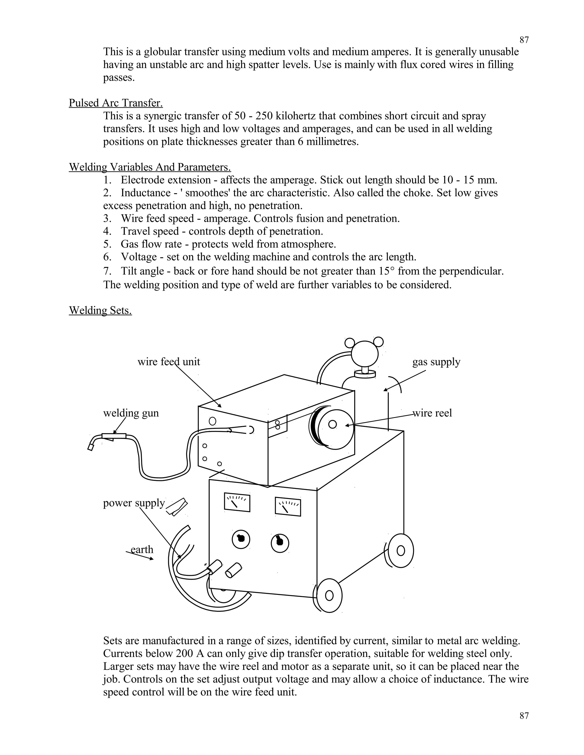 This is a globular transfer using medium volts and medium amperes. It is generally unusable
having an unstable arc and high spatter levels. Use is mainly with flux cored wires in filling
passes.
Pulsed Arc Transfer.
This is a synergic transfer of 50 - 250 kilohertz that combines short circuit and spray
transfers. It uses high and low voltages and amperages, and can be used in all welding
positions on plate thicknesses greater than 6 millimetres.
Welding Variables And Parameters.
1. Electrode extension - affects the amperage. Stick out length should be 10 - 15 mm.
2. Inductance - ' smoothes' the arc characteristic. Also called the choke. Set low gives
excess penetration and high, no penetration.
3. Wire feed speed - amperage. Controls fusion and penetration.
4. Travel speed - controls depth of penetration.
5. Gas flow rate - protects weld from atmosphere.
6. Voltage - set on the welding machine and controls the arc length.
7. Tilt angle - back or fore hand should be not greater than 15° from the perpendicular.
The welding position and type of weld are further variables to be considered.
Welding Sets.
wire feed unit gas supply
welding gun wire reel
power supply
earth
Sets are manufactured in a range of sizes, identified by current, similar to metal arc welding.
Currents below 200 A can only give dip transfer operation, suitable for welding steel only.
Larger sets may have the wire reel and motor as a separate unit, so it can be placed near the
job. Controls on the set adjust output voltage and may allow a choice of inductance. The wire
speed control will be on the wire feed unit.
87
87
 