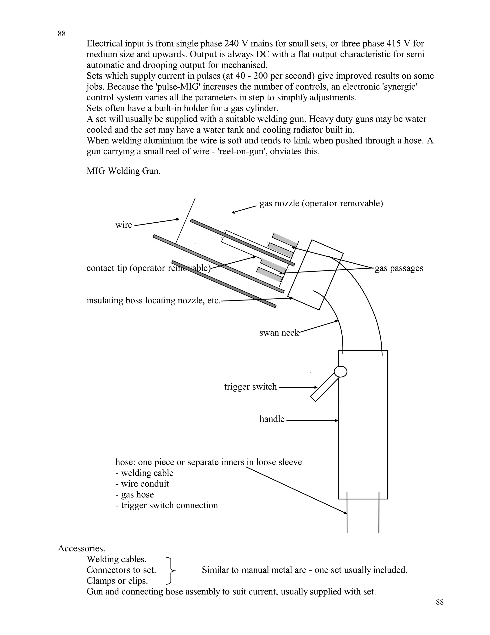 Electrical input is from single phase 240 V mains for small sets, or three phase 415 V for
medium size and upwards. Output is always DC with a flat output characteristic for semi
automatic and drooping output for mechanised.
Sets which supply current in pulses (at 40 - 200 per second) give improved results on some
jobs. Because the 'pulse-MIG' increases the number of controls, an electronic 'synergic'
control system varies all the parameters in step to simplify adjustments.
Sets often have a built-in holder for a gas cylinder.
A set will usually be supplied with a suitable welding gun. Heavy duty guns may be water
cooled and the set may have a water tank and cooling radiator built in.
When welding aluminium the wire is soft and tends to kink when pushed through a hose. A
gun carrying a small reel of wire - 'reel-on-gun', obviates this.
MIG Welding Gun.
gas nozzle (operator removable)
wire
contact tip (operator removable) gas passages
insulating boss locating nozzle, etc.
swan neck
trigger switch
handle
hose: one piece or separate inners in loose sleeve
- welding cable
- wire conduit
- gas hose
- trigger switch connection
Accessories.
Welding cables.
Connectors to set. Similar to manual metal arc - one set usually included.
Clamps or clips.
Gun and connecting hose assembly to suit current, usually supplied with set.
88
88
 