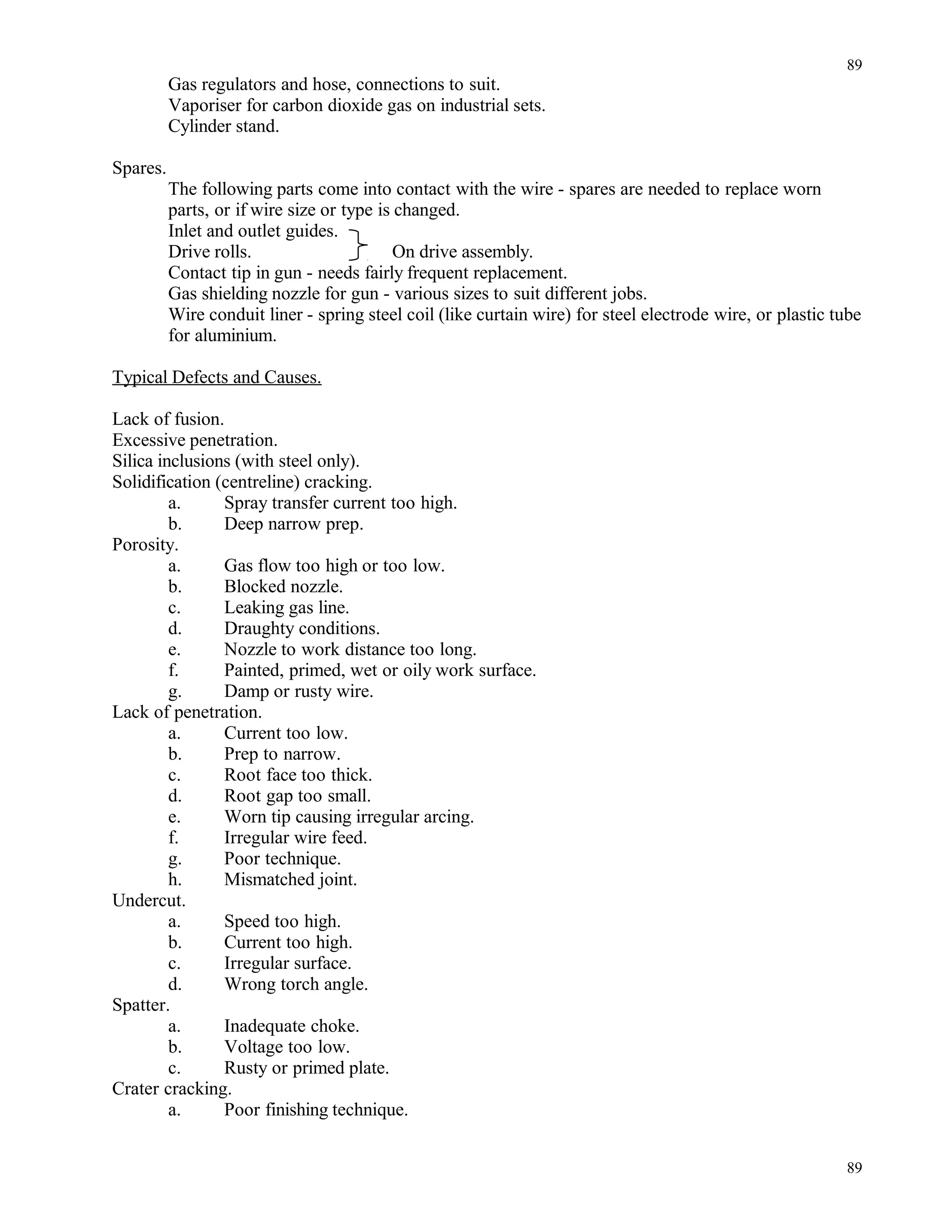 Gas regulators and hose, connections to suit.
Vaporiser for carbon dioxide gas on industrial sets.
Cylinder stand.
Spares.
The following parts come into contact with the wire - spares are needed to replace worn
parts, or if wire size or type is changed.
Inlet and outlet guides.
Drive rolls. On drive assembly.
Contact tip in gun - needs fairly frequent replacement.
Gas shielding nozzle for gun - various sizes to suit different jobs.
Wire conduit liner - spring steel coil (like curtain wire) for steel electrode wire, or plastic tube
for aluminium.
Typical Defects and Causes.
Lack of fusion.
Excessive penetration.
Silica inclusions (with steel only).
Solidification (centreline) cracking.
a. Spray transfer current too high.
b. Deep narrow prep.
Porosity.
a. Gas flow too high or too low.
b. Blocked nozzle.
c. Leaking gas line.
d. Draughty conditions.
e. Nozzle to work distance too long.
f. Painted, primed, wet or oily work surface.
g. Damp or rusty wire.
Lack of penetration.
a. Current too low.
b. Prep to narrow.
c. Root face too thick.
d. Root gap too small.
e. Worn tip causing irregular arcing.
f. Irregular wire feed.
g. Poor technique.
h. Mismatched joint.
Undercut.
a. Speed too high.
b. Current too high.
c. Irregular surface.
d. Wrong torch angle.
Spatter.
a. Inadequate choke.
b. Voltage too low.
c. Rusty or primed plate.
Crater cracking.
a. Poor finishing technique.
89
89
 