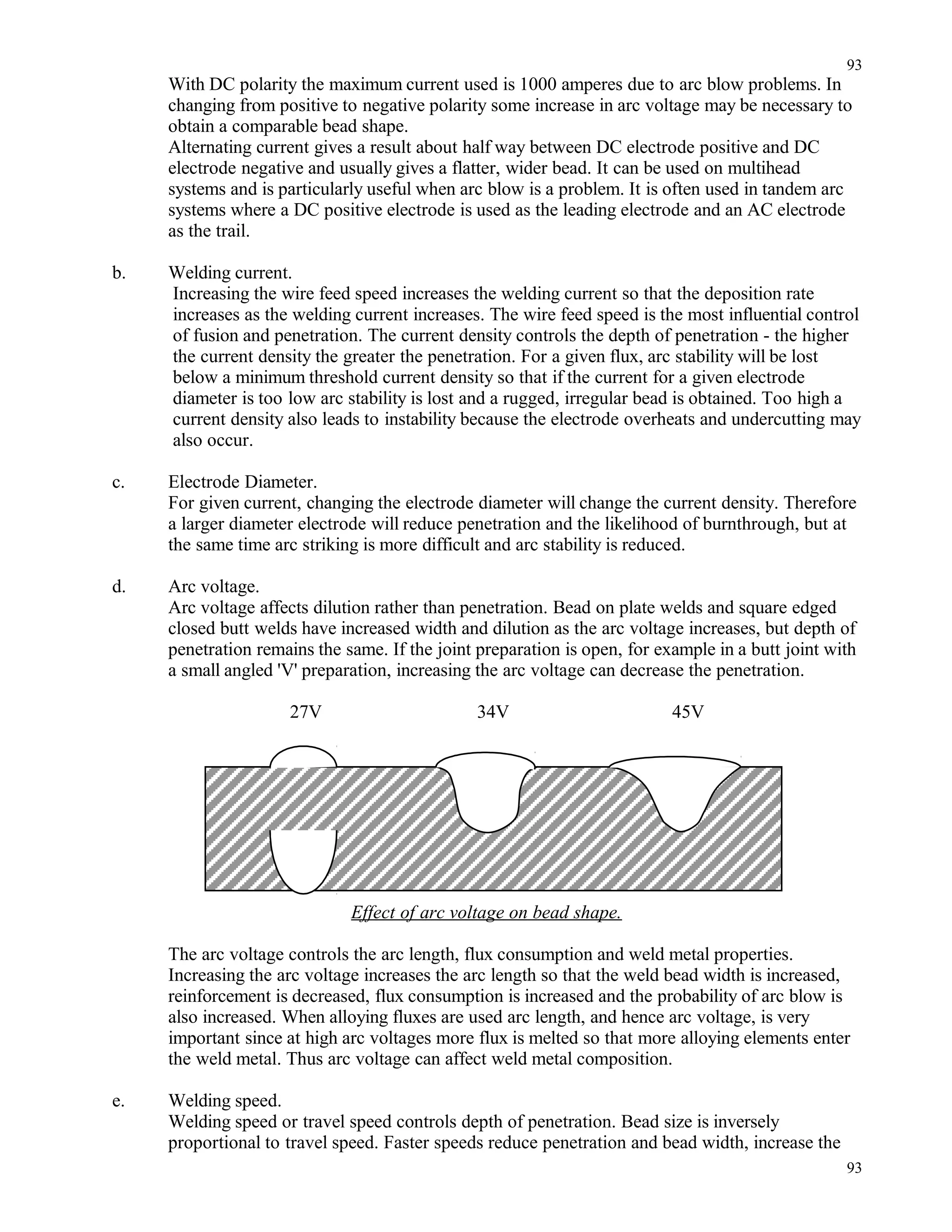 With DC polarity the maximum current used is 1000 amperes due to arc blow problems. In
changing from positive to negative polarity some increase in arc voltage may be necessary to
obtain a comparable bead shape.
Alternating current gives a result about half way between DC electrode positive and DC
electrode negative and usually gives a flatter, wider bead. It can be used on multihead
systems and is particularly useful when arc blow is a problem. It is often used in tandem arc
systems where a DC positive electrode is used as the leading electrode and an AC electrode
as the trail.
b. Welding current.
Increasing the wire feed speed increases the welding current so that the deposition rate
increases as the welding current increases. The wire feed speed is the most influential control
of fusion and penetration. The current density controls the depth of penetration - the higher
the current density the greater the penetration. For a given flux, arc stability will be lost
below a minimum threshold current density so that if the current for a given electrode
diameter is too low arc stability is lost and a rugged, irregular bead is obtained. Too high a
current density also leads to instability because the electrode overheats and undercutting may
also occur.
c. Electrode Diameter.
For given current, changing the electrode diameter will change the current density. Therefore
a larger diameter electrode will reduce penetration and the likelihood of burnthrough, but at
the same time arc striking is more difficult and arc stability is reduced.
d. Arc voltage.
Arc voltage affects dilution rather than penetration. Bead on plate welds and square edged
closed butt welds have increased width and dilution as the arc voltage increases, but depth of
penetration remains the same. If the joint preparation is open, for example in a butt joint with
a small angled 'V' preparation, increasing the arc voltage can decrease the penetration.
27V 34V 45V
Effect of arc voltage on bead shape.
The arc voltage controls the arc length, flux consumption and weld metal properties.
Increasing the arc voltage increases the arc length so that the weld bead width is increased,
reinforcement is decreased, flux consumption is increased and the probability of arc blow is
also increased. When alloying fluxes are used arc length, and hence arc voltage, is very
important since at high arc voltages more flux is melted so that more alloying elements enter
the weld metal. Thus arc voltage can affect weld metal composition.
e. Welding speed.
Welding speed or travel speed controls depth of penetration. Bead size is inversely
proportional to travel speed. Faster speeds reduce penetration and bead width, increase the
93
93
 