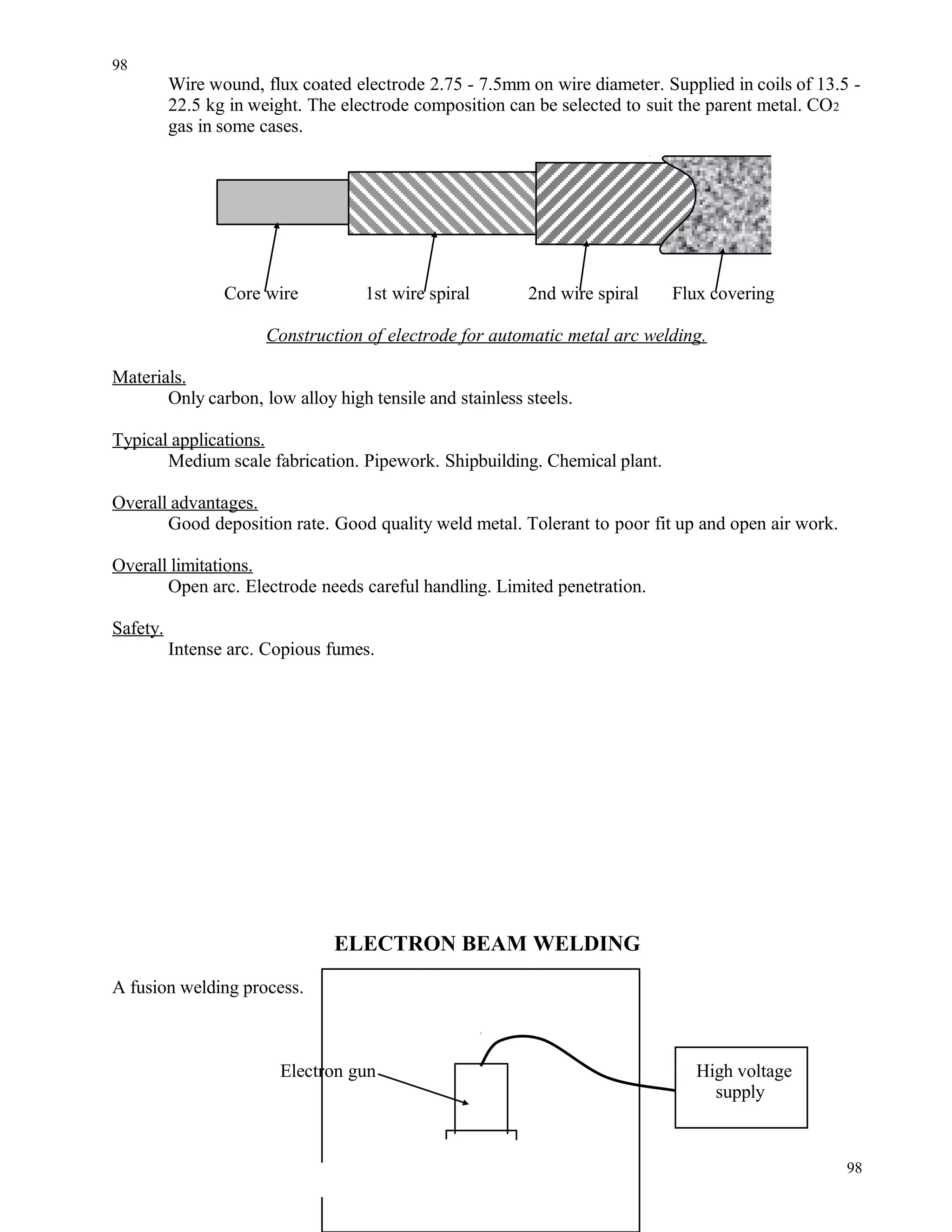 Wire wound, flux coated electrode 2.75 - 7.5mm on wire diameter. Supplied in coils of 13.5 -
22.5 kg in weight. The electrode composition can be selected to suit the parent metal. CO2
gas in some cases.
Core wire 1st wire spiral 2nd wire spiral Flux covering
Construction of electrode for automatic metal arc welding.
Materials.
Only carbon, low alloy high tensile and stainless steels.
Typical applications.
Medium scale fabrication. Pipework. Shipbuilding. Chemical plant.
Overall advantages.
Good deposition rate. Good quality weld metal. Tolerant to poor fit up and open air work.
Overall limitations.
Open arc. Electrode needs careful handling. Limited penetration.
Safety.
Intense arc. Copious fumes.
ELECTRON BEAM WELDING
A fusion welding process.
Electron gun High voltage
supply
98
98
 