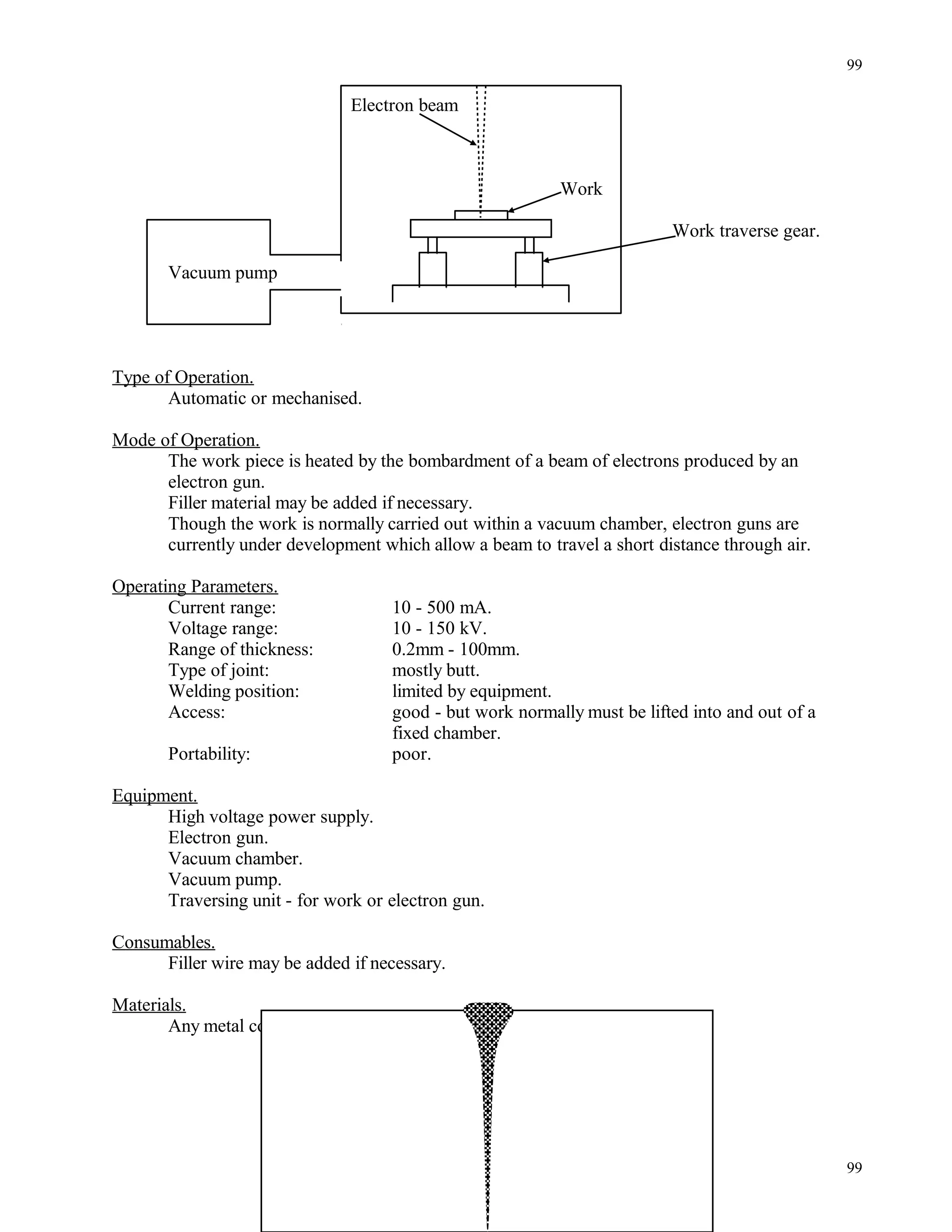 Electron beam
Work
Work traverse gear.
Vacuum pump
Type of Operation.
Automatic or mechanised.
Mode of Operation.
The work piece is heated by the bombardment of a beam of electrons produced by an
electron gun.
Filler material may be added if necessary.
Though the work is normally carried out within a vacuum chamber, electron guns are
currently under development which allow a beam to travel a short distance through air.
Operating Parameters.
Current range: 10 - 500 mA.
Voltage range: 10 - 150 kV.
Range of thickness: 0.2mm - 100mm.
Type of joint: mostly butt.
Welding position: limited by equipment.
Access: good - but work normally must be lifted into and out of a
fixed chamber.
Portability: poor.
Equipment.
High voltage power supply.
Electron gun.
Vacuum chamber.
Vacuum pump.
Traversing unit - for work or electron gun.
Consumables.
Filler wire may be added if necessary.
Materials.
Any metal compatible with a vacuum when molten.
99
99
 