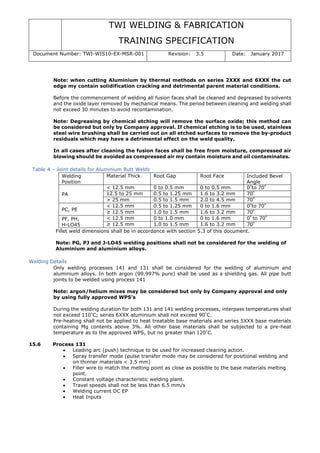 TWI WELDING & FABRICATION
TRAINING SPECIFICATION
Document Number: TWI-WIS10-EX-MSR-001 Revision: 3.5 Date: January 2017
Note: when cutting Aluminium by thermal methods on series 2XXX and 6XXX the cut
edge my contain solidification cracking and detrimental parent material conditions.
Before the commencement of welding all fusion faces shall be cleaned and degreased by solvents
and the oxide layer removed by mechanical means. The period between cleaning and welding shall
not exceed 30 minutes to avoid recontamination.
Note: Degreasing by chemical etching will remove the surface oxide; this method can
be considered but only by Company approval. If chemical etching is to be used, stainless
steel wire brushing shall be carried out on all etched surfaces to remove the by-product
residuals which may have a detrimental effect on the weld quality.
In all cases after cleaning the fusion faces shall be free from moisture, compressed air
blowing should be avoided as compressed air my contain moisture and oil contaminates.
Table 4 – Joint details for Aluminium Butt Welds
Welding
Position
Material Thick Root Gap Root Face Included Bevel
Angle
PA
< 12.5 mm 0 to 0.5 mm 0 to 0.5 mm 0°
to 70°
12.5 to 25 mm 0.5 to 1.25 mm 1.6 to 3.2 mm 70°
> 25 mm 0.5 to 1.5 mm 2.0 to 4.5 mm 70°
PC, PE
< 12.5 mm 0.5 to 1.25 mm 0 to 1.6 mm 0°
to 70°
≥ 12.5 mm 1.0 to 1.5 mm 1.6 to 3.2 mm 70°
PF, PH,
H-LO45
< 12.5 mm 0 to 1.0 mm 0 to 1.6 mm 0°
to 70°
≥ 12.5 mm 1.0 to 1.5 mm 1.6 to 3.2 mm 70°
Fillet weld dimensions shall be in accordance with section 5.3 of this document.
Note: PG, PJ and J-LO45 welding positions shall not be considered for the welding of
Aluminium and aluminium alloys.
Welding Details
Only welding processes 141 and 131 shall be considered for the welding of aluminium and
aluminium alloys. In both argon (99.997% pure) shall be used as a shielding gas. All pipe butt
joints to be welded using process 141
Note: argon/helium mixes may be considered but only by Company approval and only
by using fully approved WPS’s
During the welding duration for both 131 and 141 welding processes, interpass temperatures shall
not exceed 110°
C; series 6XXX aluminium shall not exceed 90°
C.
Pre-heating shall not be applied to heat treatable base materials and series 5XXX base materials
containing Mg contents above 3%. All other base materials shall be subjected to a pre-heat
temperature as to the approved WPS, but no greater than 120°
C.
15.6 Process 131
• Leading arc (push) technique to be used for increased cleaning action.
• Spray transfer mode (pulse transfer mode may be considered for positional welding and
on thinner materials < 3.5 mm)
• Filler wire to match the melting point as close as possible to the base materials melting
point.
• Constant voltage characteristic welding plant.
• Travel speeds shall not be less than 6.5 mm/s
• Welding current DC EP
• Heat Inputs
 
