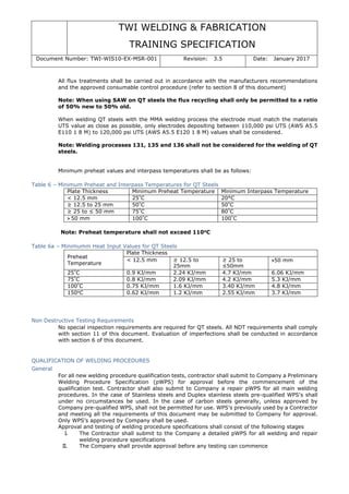 TWI WELDING & FABRICATION
TRAINING SPECIFICATION
Document Number: TWI-WIS10-EX-MSR-001 Revision: 3.5 Date: January 2017
All flux treatments shall be carried out in accordance with the manufacturers recommendations
and the approved consumable control procedure (refer to section 8 of this document)
Note: When using SAW on QT steels the flux recycling shall only be permitted to a ratio
of 50% new to 50% old.
When welding QT steels with the MMA welding process the electrode must match the materials
UTS value as close as possible, only electrodes depositing between 110,000 psi UTS (AWS A5.5
E110 1 8 M) to 120,000 psi UTS (AWS A5.5 E120 1 8 M) values shall be considered.
Note: Welding processes 131, 135 and 136 shall not be considered for the welding of QT
steels.
Minimum preheat values and interpass temperatures shall be as follows:
Table 6 – Minimum Preheat and Interpass Temperatures for QT Steels
Note: Preheat temperature shall not exceed 110o
C
Table 6a – Minimumm Heat Input Values for QT Steels
Preheat
Temperature
Plate Thickness
< 12.5 mm ≥ 12.5 to
25mm
≥ 25 to
≤50mm
>50 mm
25°
C 0.9 KJ/mm 2.24 KJ/mm 4.7 KJ/mm 6.06 KJ/mm
75°
C 0.8 KJ/mm 2.09 KJ/mm 4.2 KJ/mm 5.3 KJ/mm
100°
C 0.75 KJ/mm 1.6 KJ/mm 3.40 KJ/mm 4.8 KJ/mm
150o
C 0.62 KJ/mm 1.2 KJ/mm 2.55 KJ/mm 3.7 KJ/mm
Non Destructive Testing Requirements
No special inspection requirements are required for QT steels. All NDT requirements shall comply
with section 11 of this document. Evaluation of imperfections shall be conducted in accordance
with section 6 of this document.
QUALIFICATION OF WELDING PROCEDURES
General
For all new welding procedure qualification tests, contractor shall submit to Company a Preliminary
Welding Procedure Specification (pWPS) for approval before the commencement of the
qualification test. Contractor shall also submit to Company a repair pWPS for all main welding
procedures. In the case of Stainless steels and Duplex stainless steels pre-qualified WPS's shall
under no circumstances be used. In the case of carbon steels generally, unless approved by
Company pre-qualified WPS, shall not be permitted for use. WPS's previously used by a Contractor
and meeting all the requirements of this document may be submitted to Company for approval.
Only WPS's approved by Company shall be used.
Approval and testing of welding procedure specifications shall consist of the following stages
I. The Contractor shall submit to the Company a detailed pWPS for all welding and repair
welding procedure specifications
II. The Company shall provide approval before any testing can commence
Plate Thickness Minimum Preheat Temperature Minimum Interpass Temperature
< 12.5 mm 25°
C 20°C
≥ 12.5 to 25 mm 50°
C 50°
C
≥ 25 to ≤ 50 mm 75°
C 80°
C
> 50 mm 100°
C 100°
C
 
