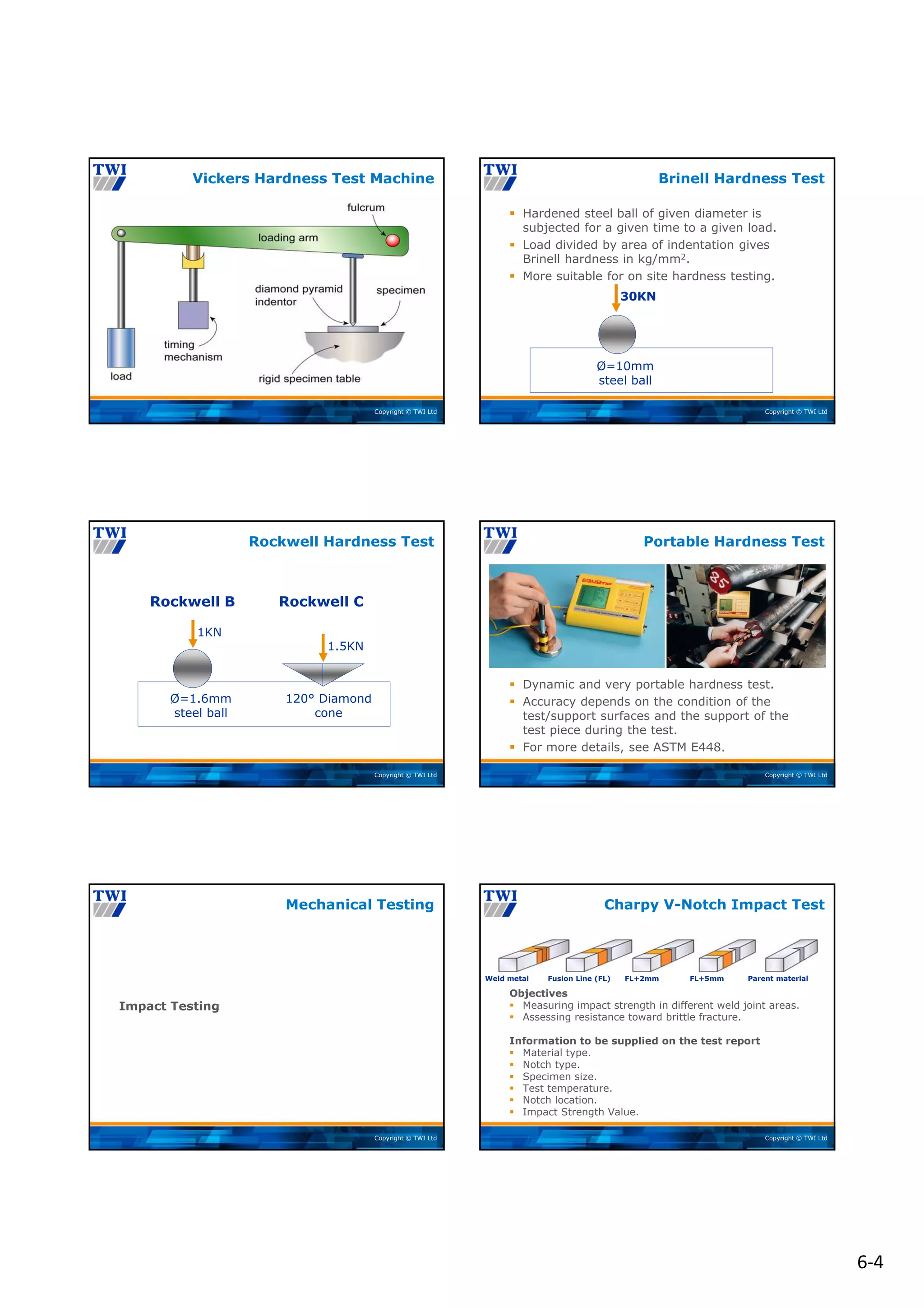 6‐4
Copyright © TWI Ltd
Vickers Hardness Test Machine
Copyright © TWI Ltd
 Hardened steel ball of given diameter is
subjected for a given time to a given load.
 Load divided by area of indentation gives
Brinell hardness in kg/mm2.
 More suitable for on site hardness testing.
Brinell Hardness Test
30KN
Ø=10mm
steel ball
Copyright © TWI Ltd
Rockwell Hardness Test
1KN
Ø=1.6mm
steel ball
Rockwell B Rockwell C
1.5KN
120° Diamond
cone
Copyright © TWI Ltd
 Dynamic and very portable hardness test.
 Accuracy depends on the condition of the
test/support surfaces and the support of the
test piece during the test.
 For more details, see ASTM E448.
Portable Hardness Test
Copyright © TWI Ltd
Impact Testing
Mechanical Testing
Copyright © TWI Ltd
Objectives
 Measuring impact strength in different weld joint areas.
 Assessing resistance toward brittle fracture.
Information to be supplied on the test report
 Material type.
 Notch type.
 Specimen size.
 Test temperature.
 Notch location.
 Impact Strength Value.
Charpy V-Notch Impact Test
Weld metal Fusion Line (FL) FL+2mm FL+5mm Parent material
 
