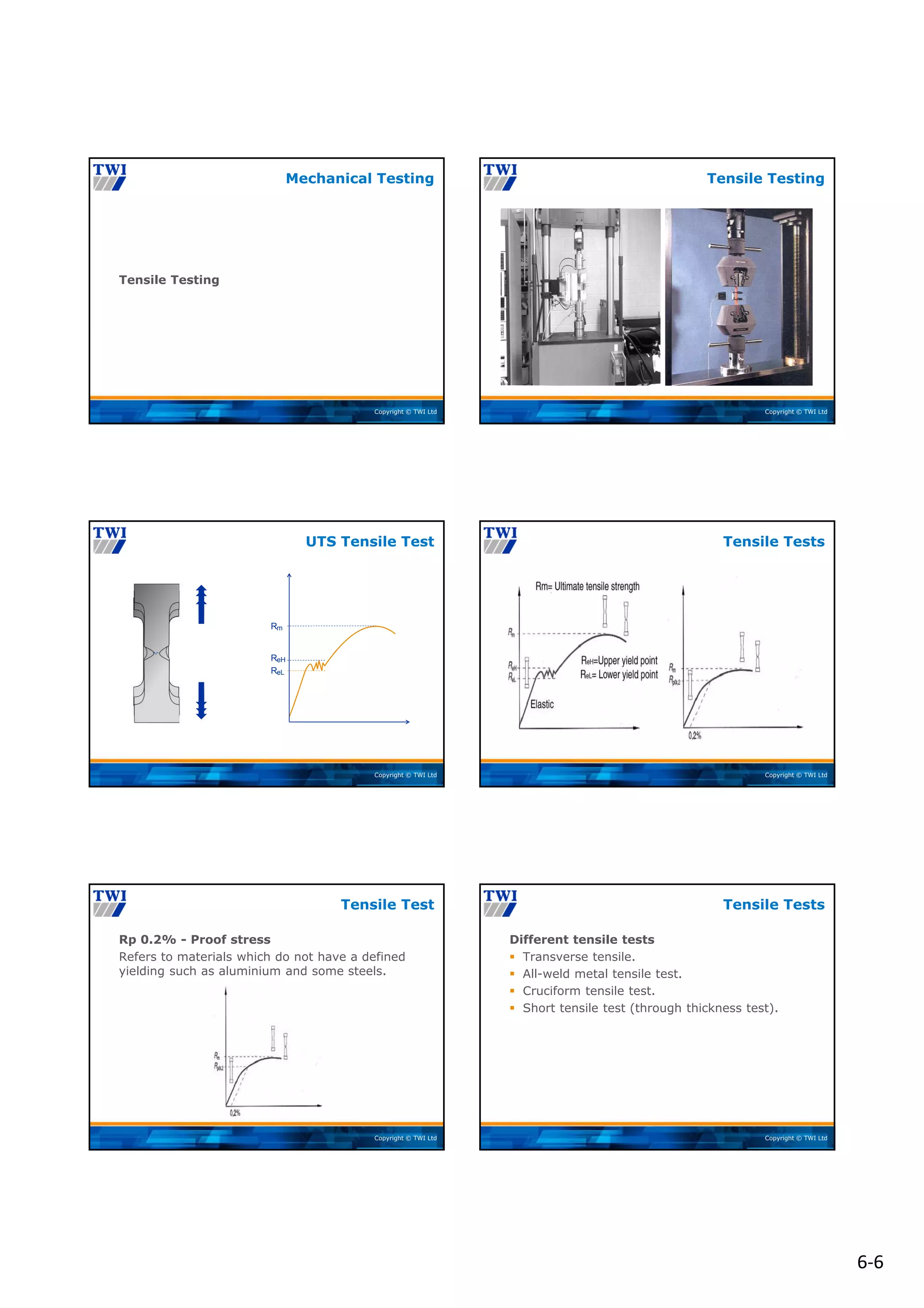 6‐6
Copyright © TWI Ltd
Tensile Testing
Mechanical Testing
Copyright © TWI Ltd
Tensile Testing
Copyright © TWI Ltd
UTS Tensile Test
ReL
ReH
Rm
Copyright © TWI Ltd
Tensile Tests
Copyright © TWI Ltd
Rp 0.2% - Proof stress
Refers to materials which do not have a defined
yielding such as aluminium and some steels.
Tensile Test
Copyright © TWI Ltd
Different tensile tests
 Transverse tensile.
 All-weld metal tensile test.
 Cruciform tensile test.
 Short tensile test (through thickness test).
Tensile Tests
 