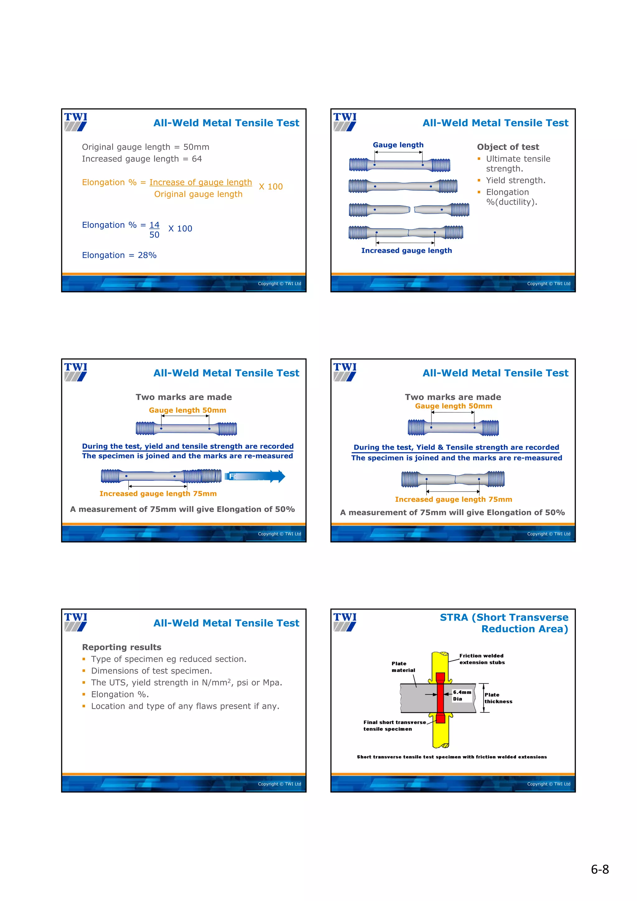 6‐8
Copyright © TWI Ltd
Original gauge length = 50mm
Increased gauge length = 64
Elongation % = Increase of gauge length
Original gauge length
All-Weld Metal Tensile Test
Elongation % = 14
50
Elongation = 28%
X 100
X 100
Copyright © TWI Ltd
Gauge length
Increased gauge length
Object of test
 Ultimate tensile
strength.
 Yield strength.
 Elongation
%(ductility).
All-Weld Metal Tensile Test
Copyright © TWI Ltd
Two marks are made
Gauge length 50mm
Increased gauge length 75mm
Force Applied
During the test, yield and tensile strength are recorded
The specimen is joined and the marks are re-measured
A measurement of 75mm will give Elongation of 50%
All-Weld Metal Tensile Test
Copyright © TWI Ltd
During the test, Yield & Tensile strength are recorded
The specimen is joined and the marks are re-measured
A measurement of 75mm will give Elongation of 50%
Two marks are made
All-Weld Metal Tensile Test
Gauge length 50mm
Increased gauge length 75mm
Copyright © TWI Ltd
Reporting results
 Type of specimen eg reduced section.
 Dimensions of test specimen.
 The UTS, yield strength in N/mm2, psi or Mpa.
 Elongation %.
 Location and type of any flaws present if any.
All-Weld Metal Tensile Test
Copyright © TWI Ltd
STRA (Short Transverse
Reduction Area)
 