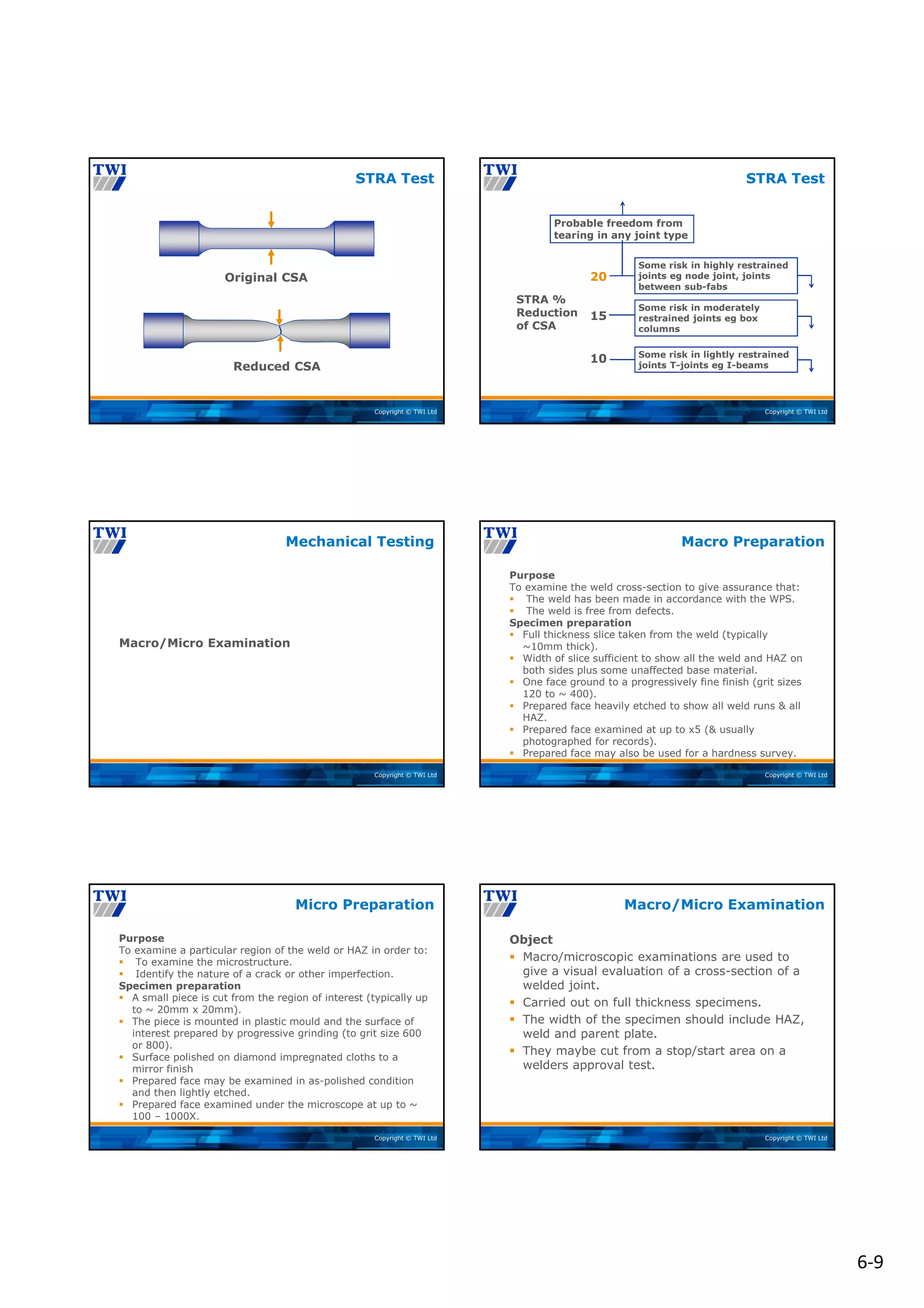 6‐9
Copyright © TWI Ltd
STRA Test
Original CSA
Reduced CSA
Copyright © TWI Ltd
STRA Test
20
15
10
STRA %
Reduction
of CSA
Probable freedom from
tearing in any joint type
Some risk in highly restrained
joints eg node joint, joints
between sub-fabs
Some risk in moderately
restrained joints eg box
columns
Some risk in lightly restrained
joints T-joints eg I-beams
Copyright © TWI Ltd
Macro/Micro Examination
Mechanical Testing
Copyright © TWI Ltd
Purpose
To examine the weld cross-section to give assurance that:
 The weld has been made in accordance with the WPS.
 The weld is free from defects.
Specimen preparation
 Full thickness slice taken from the weld (typically
~10mm thick).
 Width of slice sufficient to show all the weld and HAZ on
both sides plus some unaffected base material.
 One face ground to a progressively fine finish (grit sizes
120 to ~ 400).
 Prepared face heavily etched to show all weld runs & all
HAZ.
 Prepared face examined at up to x5 (& usually
photographed for records).
 Prepared face may also be used for a hardness survey.
Macro Preparation
Copyright © TWI Ltd
Purpose
To examine a particular region of the weld or HAZ in order to:
 To examine the microstructure.
 Identify the nature of a crack or other imperfection.
Specimen preparation
 A small piece is cut from the region of interest (typically up
to ~ 20mm x 20mm).
 The piece is mounted in plastic mould and the surface of
interest prepared by progressive grinding (to grit size 600
or 800).
 Surface polished on diamond impregnated cloths to a
mirror finish
 Prepared face may be examined in as-polished condition
and then lightly etched.
 Prepared face examined under the microscope at up to ~
100 – 1000X.
Micro Preparation
Copyright © TWI Ltd
Object
 Macro/microscopic examinations are used to
give a visual evaluation of a cross-section of a
welded joint.
 Carried out on full thickness specimens.
 The width of the specimen should include HAZ,
weld and parent plate.
 They maybe cut from a stop/start area on a
welders approval test.
Macro/Micro Examination
 
