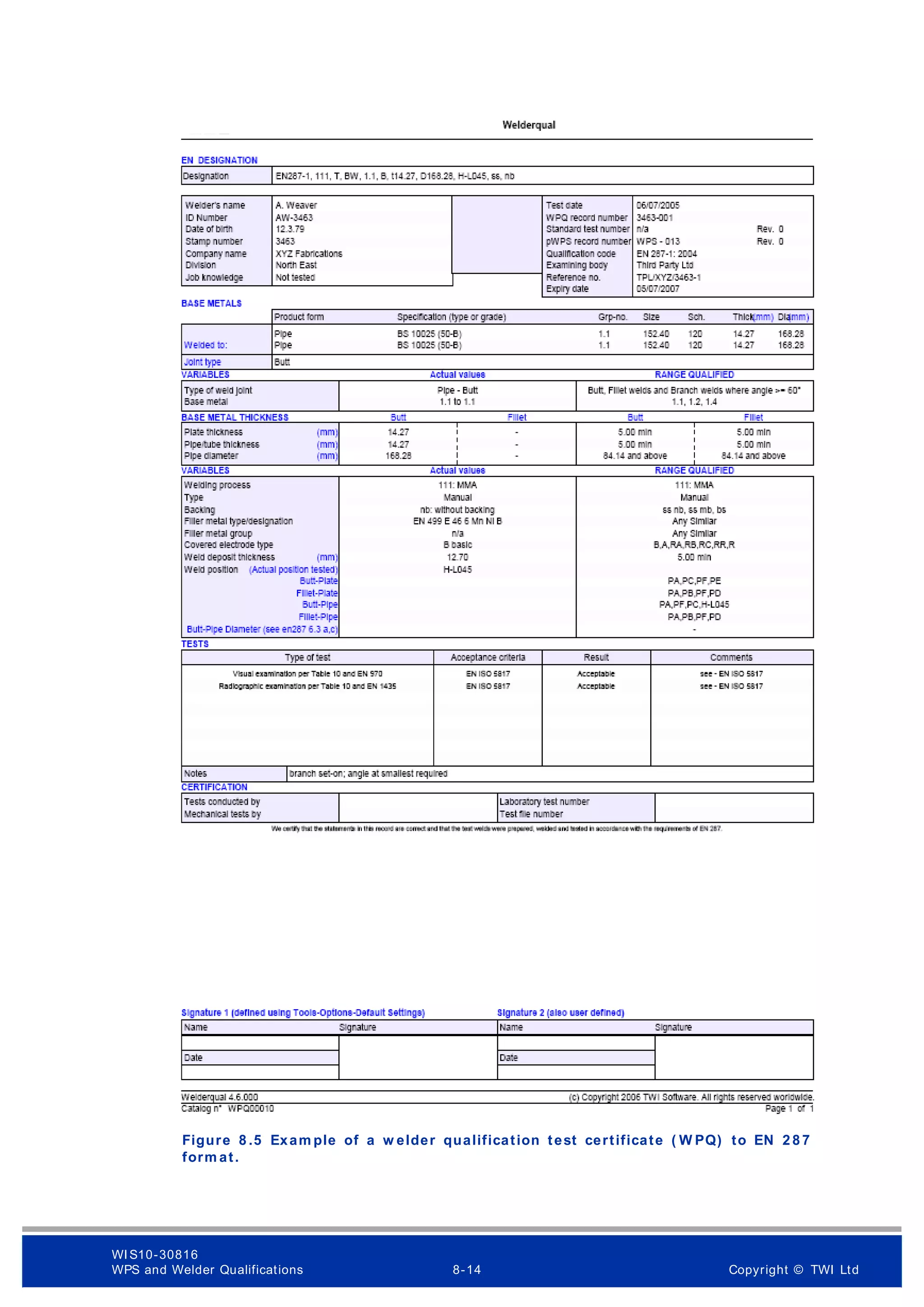 Figure 8 .5 Exam ple of a w elder qualification test certificate ( W PQ) to EN 2 8 7
form at.
WI S10-30816
WPS and Welder Qualifications 8-14 Copyright © TWI Ltd
 