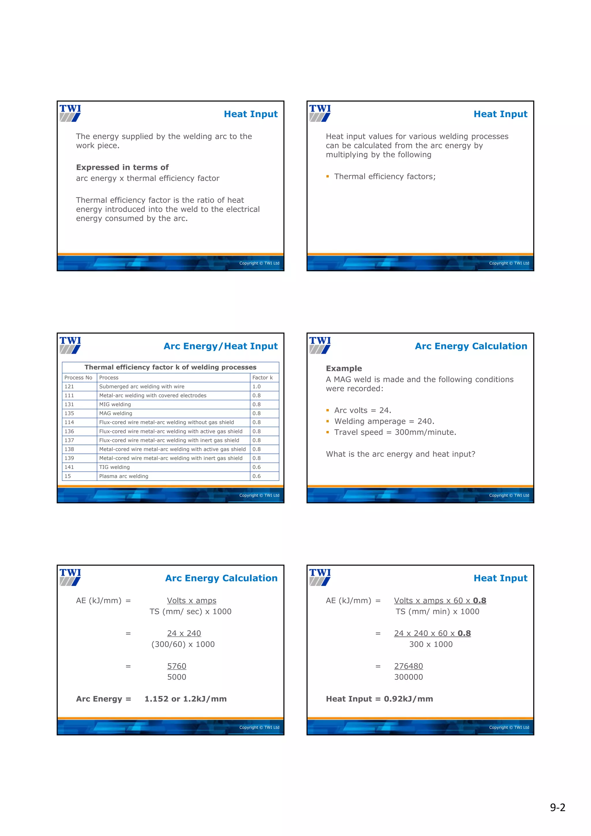9‐2
Copyright © TWI Ltd
The energy supplied by the welding arc to the
work piece.
Expressed in terms of
arc energy x thermal efficiency factor
Thermal efficiency factor is the ratio of heat
energy introduced into the weld to the electrical
energy consumed by the arc.
Heat Input
Copyright © TWI Ltd
Heat input values for various welding processes
can be calculated from the arc energy by
multiplying by the following
 Thermal efficiency factors;
Heat Input
Copyright © TWI Ltd
Arc Energy/Heat Input
Thermal efficiency factor k of welding processes
Process No Process Factor k
121 Submerged arc welding with wire 1.0
111 Metal-arc welding with covered electrodes 0.8
131 MIG welding 0.8
135 MAG welding 0.8
114 Flux-cored wire metal-arc welding without gas shield 0.8
136 Flux-cored wire metal-arc welding with active gas shield 0.8
137 Flux-cored wire metal-arc welding with inert gas shield 0.8
138 Metal-cored wire metal-arc welding with active gas shield 0.8
139 Metal-cored wire metal-arc welding with inert gas shield 0.8
141 TIG welding 0.6
15 Plasma arc welding 0.6
Copyright © TWI Ltd
Example
A MAG weld is made and the following conditions
were recorded:
 Arc volts = 24.
 Welding amperage = 240.
 Travel speed = 300mm/minute.
What is the arc energy and heat input?
Arc Energy Calculation
Copyright © TWI Ltd
AE (kJ/mm) = Volts x amps
TS (mm/ sec) x 1000
= 24 x 240
(300/60) x 1000
= 5760
5000
Arc Energy = 1.152 or 1.2kJ/mm
Arc Energy Calculation
Copyright © TWI Ltd
AE (kJ/mm) = Volts x amps x 60 x 0.8
TS (mm/ min) x 1000
= 24 x 240 x 60 x 0.8
300 x 1000
= 276480
300000
Heat Input = 0.92kJ/mm
Heat Input
 