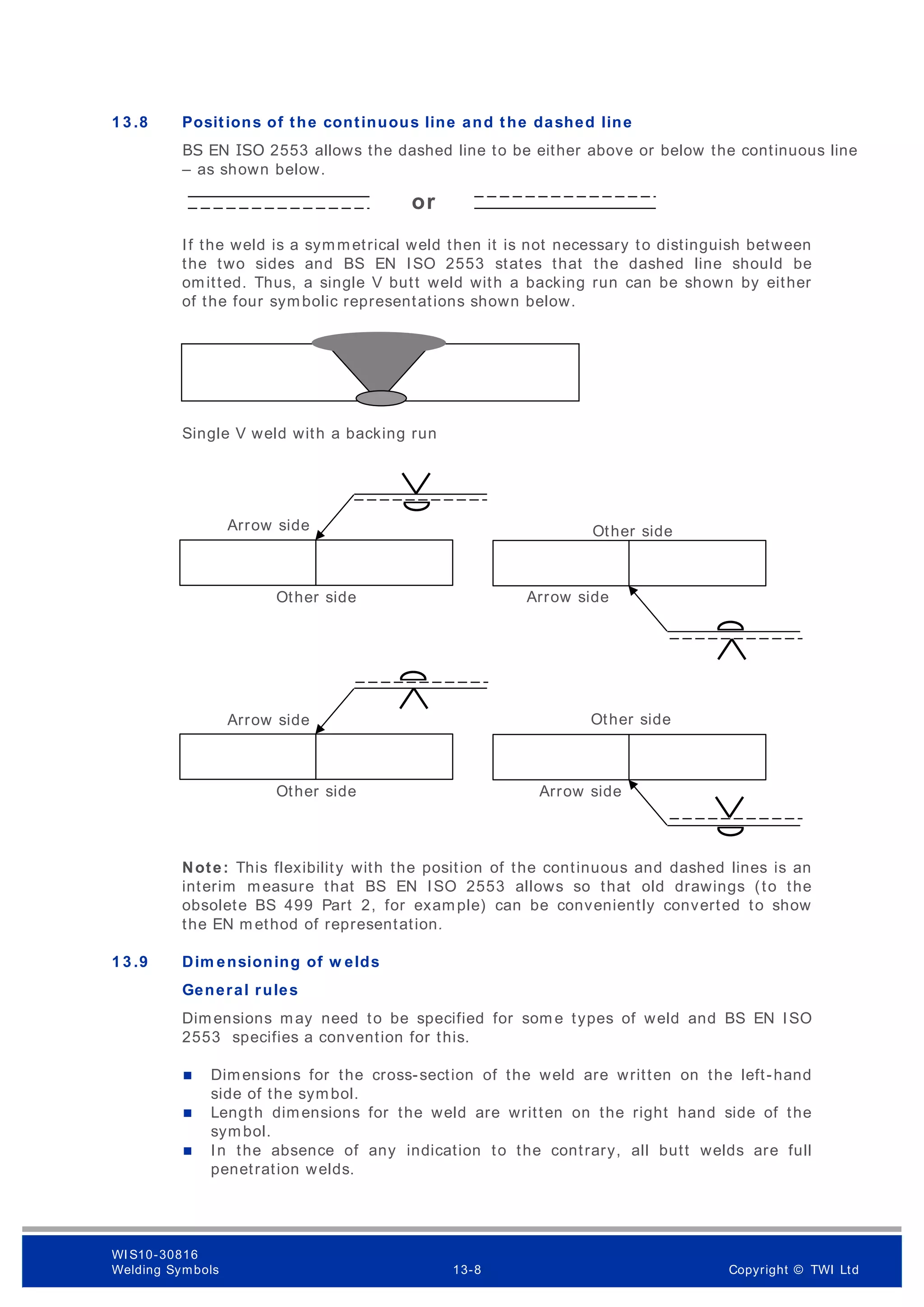 1 3 .8 Positions of the continuous line and the dashed line
BS EN ISO 2553 allows the dashed line to be either above or below the continuous line
– as shown below.
If the weld is a symmetrical weld then it is not necessary to distinguish between
the two sides and BS EN ISO 2553 states that the dashed line should be
omitted. Thus, a single V butt weld with a backing run can be shown by either
of the four symbolic representations shown below.
Single V weld with a backing run
Note: This flexibility with the position of the continuous and dashed lines is an
interim measure that BS EN ISO 2553 allows so that old drawings (to the
obsolete BS 499 Part 2, for example) can be conveniently converted to show
the EN m ethod of representation.
1 3 .9 Dim ensioning of w elds
General rules
Dimensions may need to be specified for som e types of weld and BS EN ISO
2553 specifies a convention for this.
 Dimensions for the cross-section of the weld are written on the left-hand
side of the symbol.
 Length dimensions for the weld are written on the right hand side of the
symbol.
 In the absence of any indication to the contrary, all butt welds are full
penetration welds.
or
Arrow side
Arrow side
Other side
Other side
Arrow side
Other side Arrow side
Other side
WI S10-30816
Welding Symbols 13-8 Copyright © TWI Ltd
 