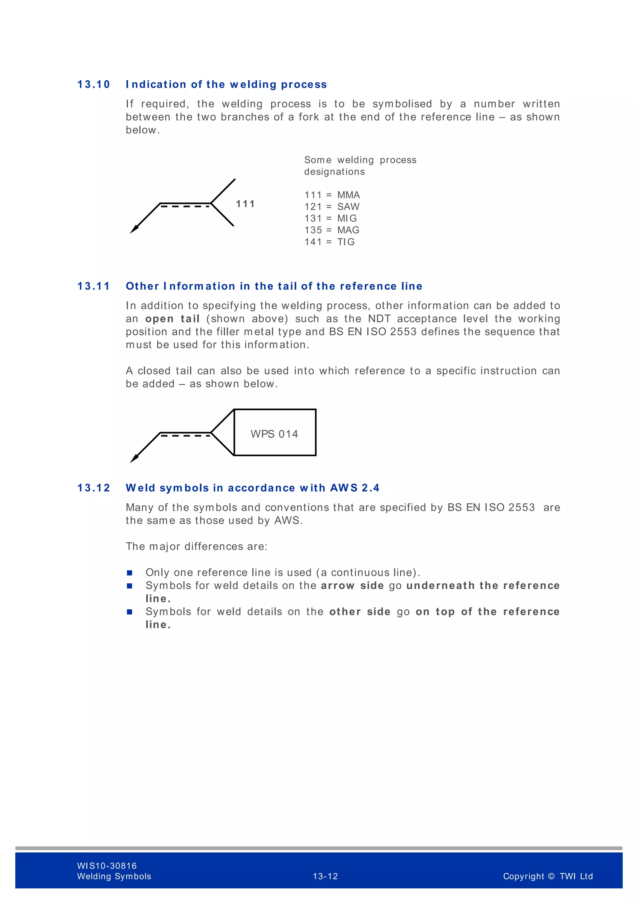 1 3 .1 0 I ndication of the w elding process
If required, the welding process is to be symbolised by a number written
between the two branches of a fork at the end of the reference line – as shown
below.
1 3 .1 1 Other I nform ation in the tail of the reference line
In addition to specifying the welding process, other information can be added to
an open tail (shown above) such as the NDT acceptance level the working
position and the filler m etal type and BS EN ISO 2553 defines the sequence that
must be used for this information.
A closed tail can also be used into which reference to a specific instruction can
be added – as shown below.
1 3 .1 2 W eld sym bols in accordance w ith AW S 2 .4
Many of the symbols and conventions that are specified by BS EN ISO 2553 are
the sam e as those used by AWS.
The major differences are:
 Only one reference line is used (a continuous line).
 Symbols for weld details on the arrow side go underneath the reference
line.
 Symbols for weld details on the other side go on top of the reference
line.
1 1 1
Some welding process
designations
111 = MMA
121 = SAW
131 = MIG
135 = MAG
141 = TIG
WPS 014
WI S10-30816
Welding Symbols 13-12 Copyright © TWI Ltd
 