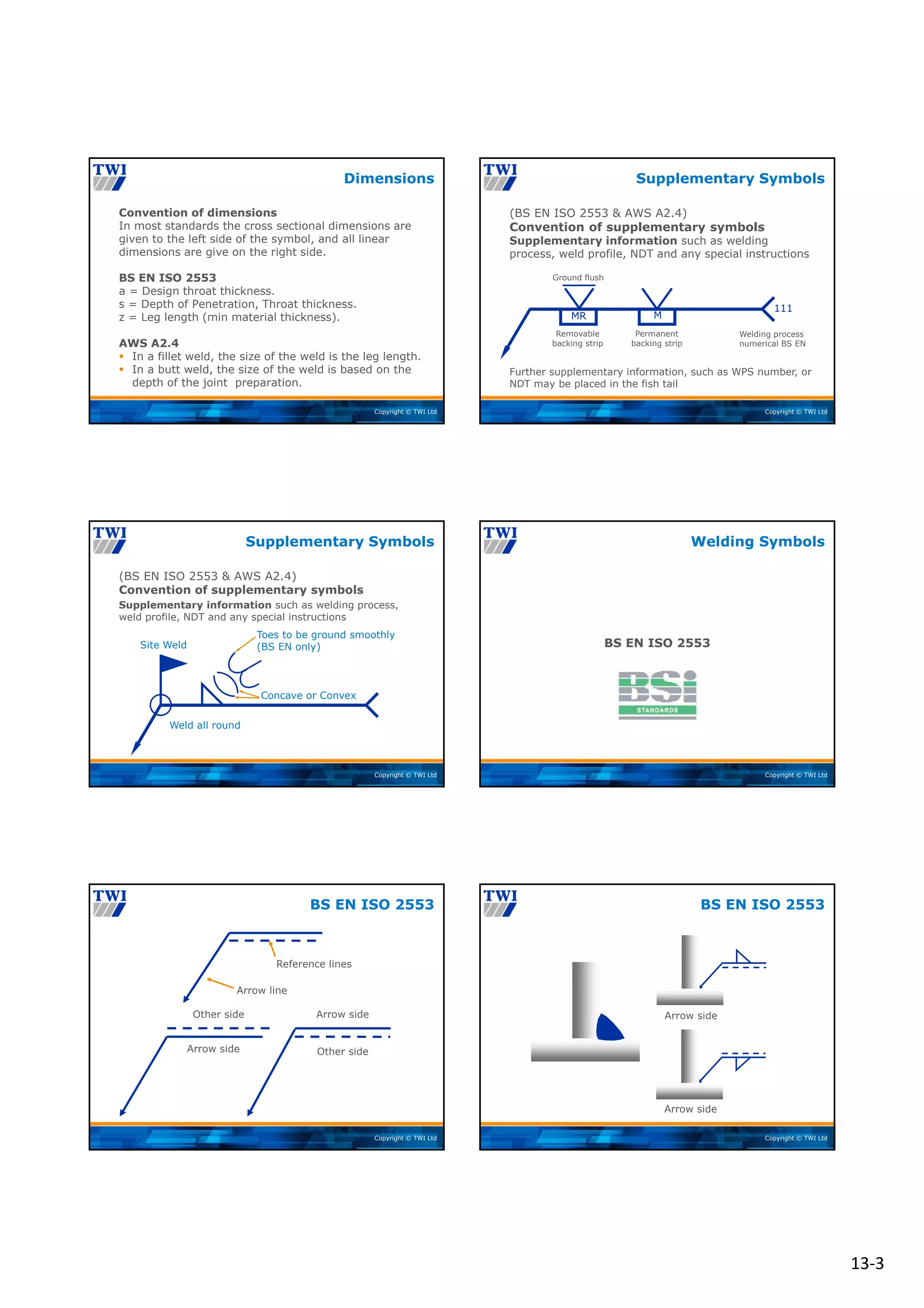 13‐3
Copyright © TWI Ltd
Convention of dimensions
In most standards the cross sectional dimensions are
given to the left side of the symbol, and all linear
dimensions are give on the right side.
BS EN ISO 2553
a = Design throat thickness.
s = Depth of Penetration, Throat thickness.
z = Leg length (min material thickness).
AWS A2.4
 In a fillet weld, the size of the weld is the leg length.
 In a butt weld, the size of the weld is based on the
depth of the joint preparation.
Dimensions
Copyright © TWI Ltd
Further supplementary information, such as WPS number, or
NDT may be placed in the fish tail
Ground flush
111
Welding process
numerical BS EN
MR
Removable
backing strip
Permanent
backing strip
M
(BS EN ISO 2553 & AWS A2.4)
Convention of supplementary symbols
Supplementary information such as welding
process, weld profile, NDT and any special instructions
Supplementary Symbols
Copyright © TWI Ltd
(BS EN ISO 2553 & AWS A2.4)
Convention of supplementary symbols
Supplementary information such as welding process,
weld profile, NDT and any special instructions
Concave or Convex
Toes to be ground smoothly
(BS EN only)
Site Weld
Weld all round
Supplementary Symbols
Copyright © TWI Ltd
BS EN ISO 2553
Welding Symbols
Copyright © TWI Ltd
Arrow line
Reference lines
Arrow side
Other side Arrow side
Other side
BS EN ISO 2553
Copyright © TWI Ltd
BS EN ISO 2553
Arrow side
Arrow side
 