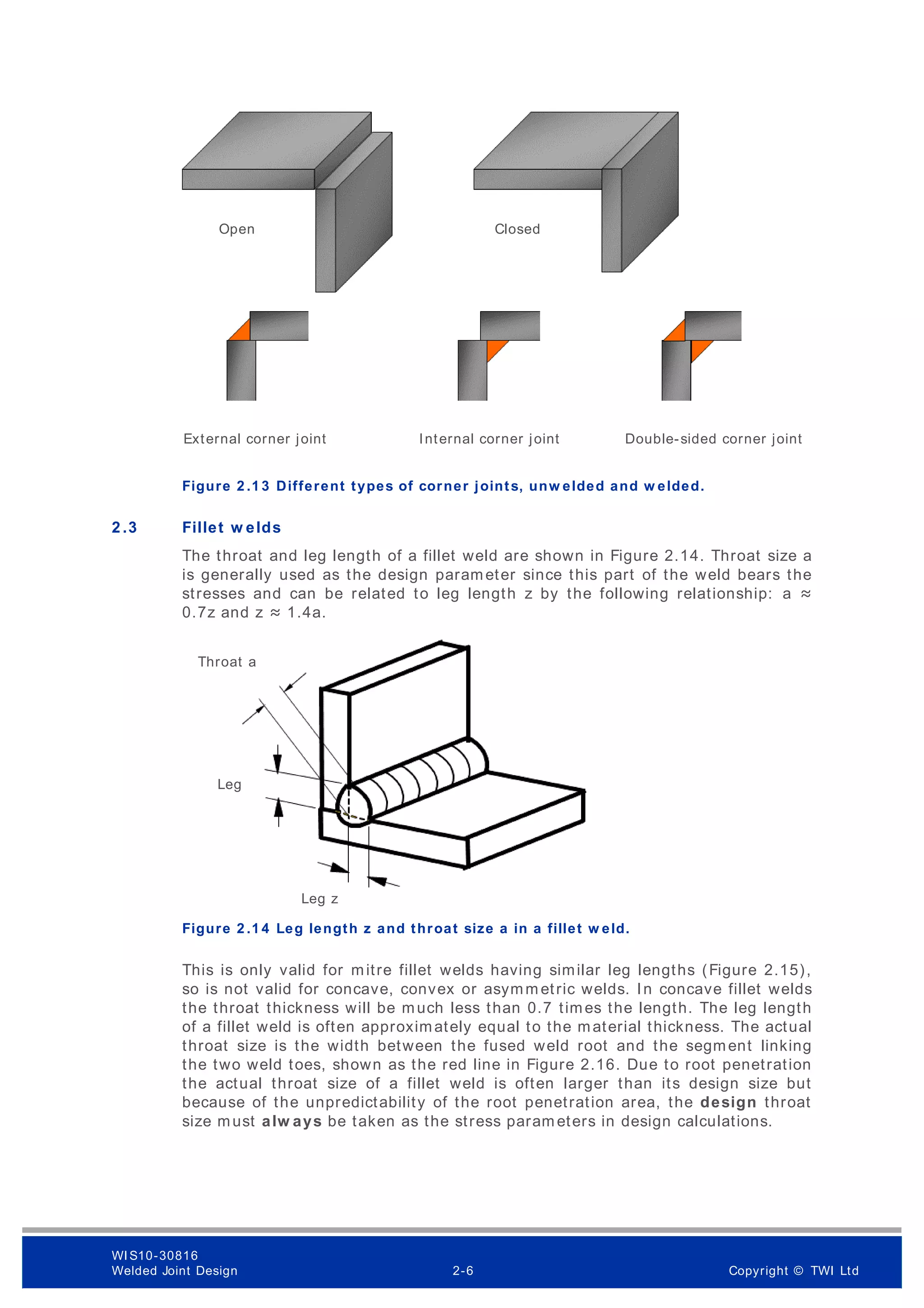 Figure 2 .1 3 Different types of corner joints, unw elded and w elded.
2 .3 Fillet w elds
The throat and leg length of a fillet weld are shown in Figure 2.14. Throat size a
is generally used as the design parameter since this part of the weld bears the
stresses and can be related to leg length z by the following relationship: a ≈
0.7z and z ≈ 1.4a.
Figure 2 .1 4 Leg length z and throat size a in a fillet w eld.
This is only valid for mitre fillet welds having similar leg lengths (Figure 2.15),
so is not valid for concave, convex or asymm etric welds. In concave fillet welds
the throat thickness will be much less than 0.7 times the length. The leg length
of a fillet weld is often approximately equal to the material thickness. The actual
throat size is the width between the fused weld root and the segment linking
the two weld toes, shown as the red line in Figure 2.16. Due to root penetration
the actual throat size of a fillet weld is often larger than its design size but
because of the unpredictability of the root penetration area, the design throat
size must alw ays be taken as the stress param eters in design calculations.
Open Closed
Double-sided corner joint
Internal corner joint
External corner joint
Throat a
Leg
Leg z
WI S10-30816
Welded Joint Design 2-6 Copyright © TWI Ltd
 