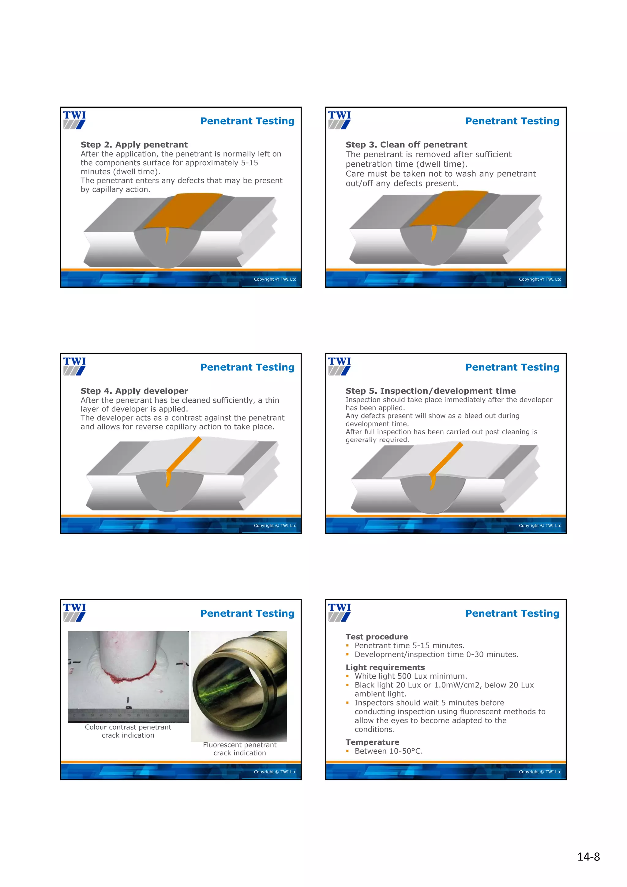 14‐8
Copyright © TWI Ltd
Step 2. Apply penetrant
After the application, the penetrant is normally left on
the components surface for approximately 5-15
minutes (dwell time).
The penetrant enters any defects that may be present
by capillary action.
Penetrant Testing
Copyright © TWI Ltd
Step 3. Clean off penetrant
The penetrant is removed after sufficient
penetration time (dwell time).
Care must be taken not to wash any penetrant
out/off any defects present.
Penetrant Testing
Copyright © TWI Ltd
Step 4. Apply developer
After the penetrant has be cleaned sufficiently, a thin
layer of developer is applied.
The developer acts as a contrast against the penetrant
and allows for reverse capillary action to take place.
Penetrant Testing
Copyright © TWI Ltd
Step 5. Inspection/development time
Inspection should take place immediately after the developer
has been applied.
Any defects present will show as a bleed out during
development time.
After full inspection has been carried out post cleaning is
generally required.
Penetrant Testing
Copyright © TWI Ltd
Colour contrast penetrant
crack indication
Fluorescent penetrant
crack indication
Penetrant Testing
Copyright © TWI Ltd
Test procedure
 Penetrant time 5-15 minutes.
 Development/inspection time 0-30 minutes.
Light requirements
 White light 500 Lux minimum.
 Black light 20 Lux or 1.0mW/cm2, below 20 Lux
ambient light.
 Inspectors should wait 5 minutes before
conducting inspection using fluorescent methods to
allow the eyes to become adapted to the
conditions.
Temperature
 Between 10-50°C.
Penetrant Testing
 