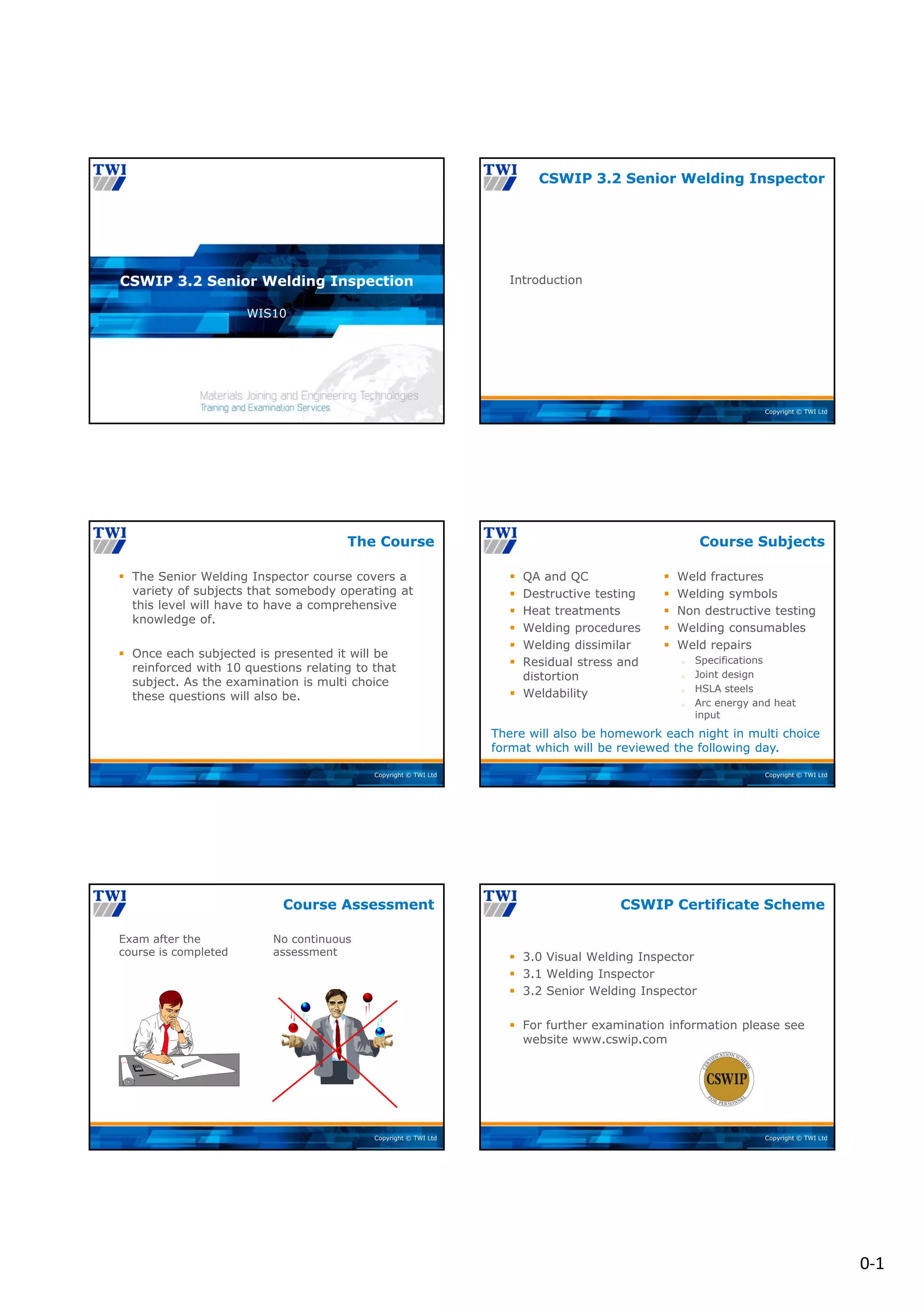 0‐1
Copyright © TWI Ltd
WIS10
CSWIP 3.2 Senior Welding Inspection
Copyright © TWI Ltd
Introduction
CSWIP 3.2 Senior Welding Inspector
Copyright © TWI Ltd
 The Senior Welding Inspector course covers a
variety of subjects that somebody operating at
this level will have to have a comprehensive
knowledge of.
 Once each subjected is presented it will be
reinforced with 10 questions relating to that
subject. As the examination is multi choice
these questions will also be.
The Course
Copyright © TWI Ltd
 QA and QC
 Destructive testing
 Heat treatments
 Welding procedures
 Welding dissimilar
 Residual stress and
distortion
 Weldability
 Weld fractures
 Welding symbols
 Non destructive testing
 Welding consumables
 Weld repairs
□ Specifications
□ Joint design
□ HSLA steels
□ Arc energy and heat
input
Course Subjects
There will also be homework each night in multi choice
format which will be reviewed the following day.
Copyright © TWI Ltd
Exam after the
course is completed
No continuous
assessment
Course Assessment
Copyright © TWI Ltd
 3.0 Visual Welding Inspector
 3.1 Welding Inspector
 3.2 Senior Welding Inspector
 For further examination information please see
website www.cswip.com
CSWIP Certificate Scheme
 