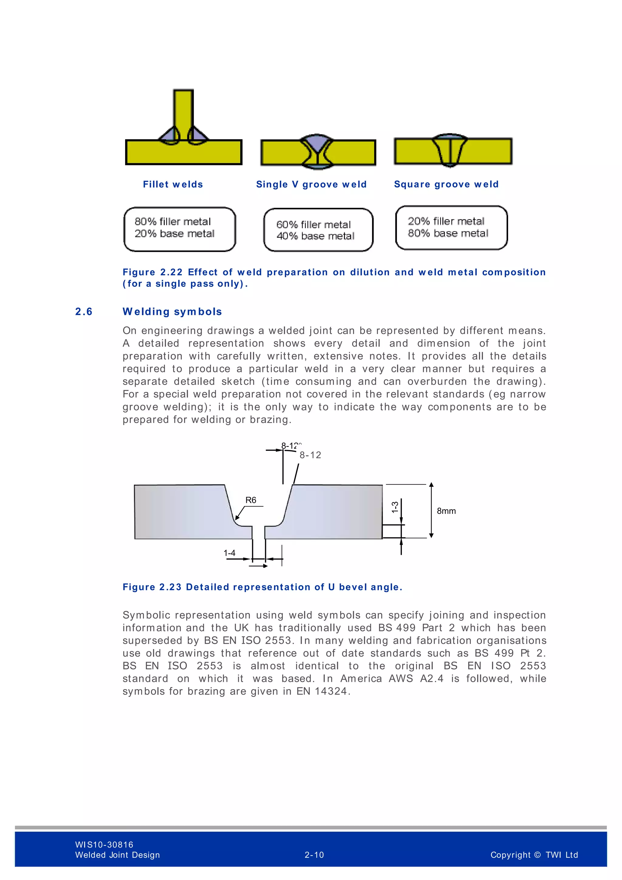 Figure 2 .2 2 Effect of w eld preparation on dilution and w eld m etal com position
( for a single pass only) .
2 .6 W elding sym bols
On engineering drawings a welded joint can be represented by different means.
A detailed representation shows every detail and dimension of the joint
preparation with carefully written, extensive notes. It provides all the details
required to produce a particular weld in a very clear manner but requires a
separate detailed sketch (time consuming and can overburden the drawing).
For a special weld preparation not covered in the relevant standards (eg narrow
groove welding); it is the only way to indicate the way components are to be
prepared for welding or brazing.
Figure 2 .2 3 Detailed representation of U bevel angle.
Symbolic representation using weld symbols can specify joining and inspection
information and the UK has traditionally used BS 499 Part 2 which has been
superseded by BS EN ISO 2553. In many welding and fabrication organisations
use old drawings that reference out of date standards such as BS 499 Pt 2.
BS EN ISO 2553 is almost identical to the original BS EN ISO 2553
standard on which it was based. In America AWS A2.4 is followed, while
symbols for brazing are given in EN 14324.
8-12°
≈R6
1-3
1-4
R6
8mm
8-12
Fillet w elds Single V groove w eld Square groove w eld
WI S10-30816
Welded Joint Design 2-10 Copyright © TWI Ltd
 