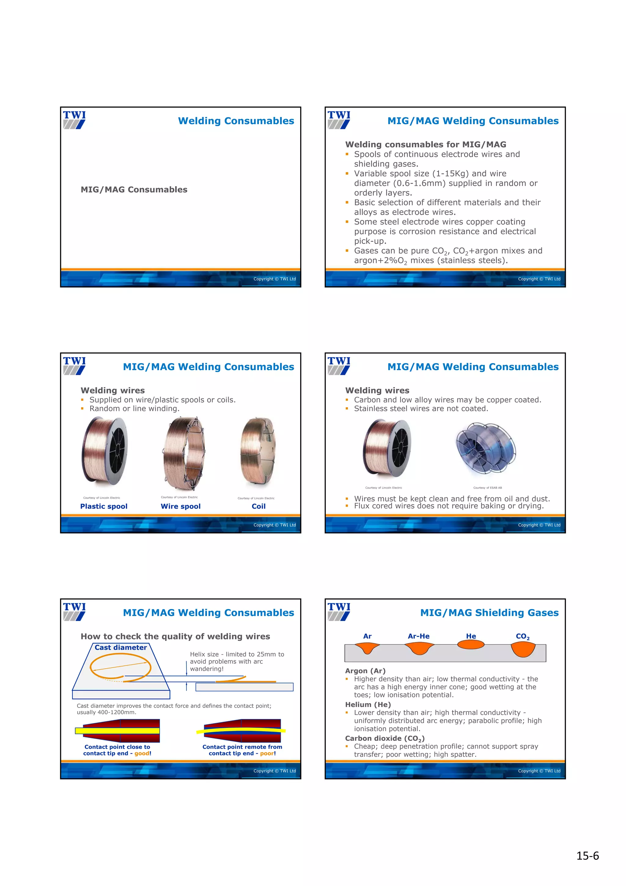15‐6
Copyright © TWI Ltd
MIG/MAG Consumables
Welding Consumables
Copyright © TWI Ltd
Welding consumables for MIG/MAG
 Spools of continuous electrode wires and
shielding gases.
 Variable spool size (1-15Kg) and wire
diameter (0.6-1.6mm) supplied in random or
orderly layers.
 Basic selection of different materials and their
alloys as electrode wires.
 Some steel electrode wires copper coating
purpose is corrosion resistance and electrical
pick-up.
 Gases can be pure CO2, CO2+argon mixes and
argon+2%O2 mixes (stainless steels).
MIG/MAG Welding Consumables
Copyright © TWI Ltd
Plastic spool Wire spool Coil
Courtesy of Lincoln Electric
Courtesy of Lincoln Electric Courtesy of Lincoln Electric
Welding wires
 Supplied on wire/plastic spools or coils.
 Random or line winding.
MIG/MAG Welding Consumables
Copyright © TWI Ltd
 Wires must be kept clean and free from oil and dust.
 Flux cored wires does not require baking or drying.
Courtesy of Lincoln Electric Courtesy of ESAB AB
Welding wires
 Carbon and low alloy wires may be copper coated.
 Stainless steel wires are not coated.
MIG/MAG Welding Consumables
Copyright © TWI Ltd
How to check the quality of welding wires
MIG/MAG Welding Consumables
Cast diameter
Helix size - limited to 25mm to
avoid problems with arc
wandering!
Cast diameter improves the contact force and defines the contact point;
usually 400-1200mm.
Contact point close to
contact tip end - good!
Contact point remote from
contact tip end - poor!
Copyright © TWI Ltd
Argon (Ar)
 Higher density than air; low thermal conductivity - the
arc has a high energy inner cone; good wetting at the
toes; low ionisation potential.
Helium (He)
 Lower density than air; high thermal conductivity -
uniformly distributed arc energy; parabolic profile; high
ionisation potential.
Carbon dioxide (CO2)
 Cheap; deep penetration profile; cannot support spray
transfer; poor wetting; high spatter.
MIG/MAG Shielding Gases
Ar Ar-He He CO2
 