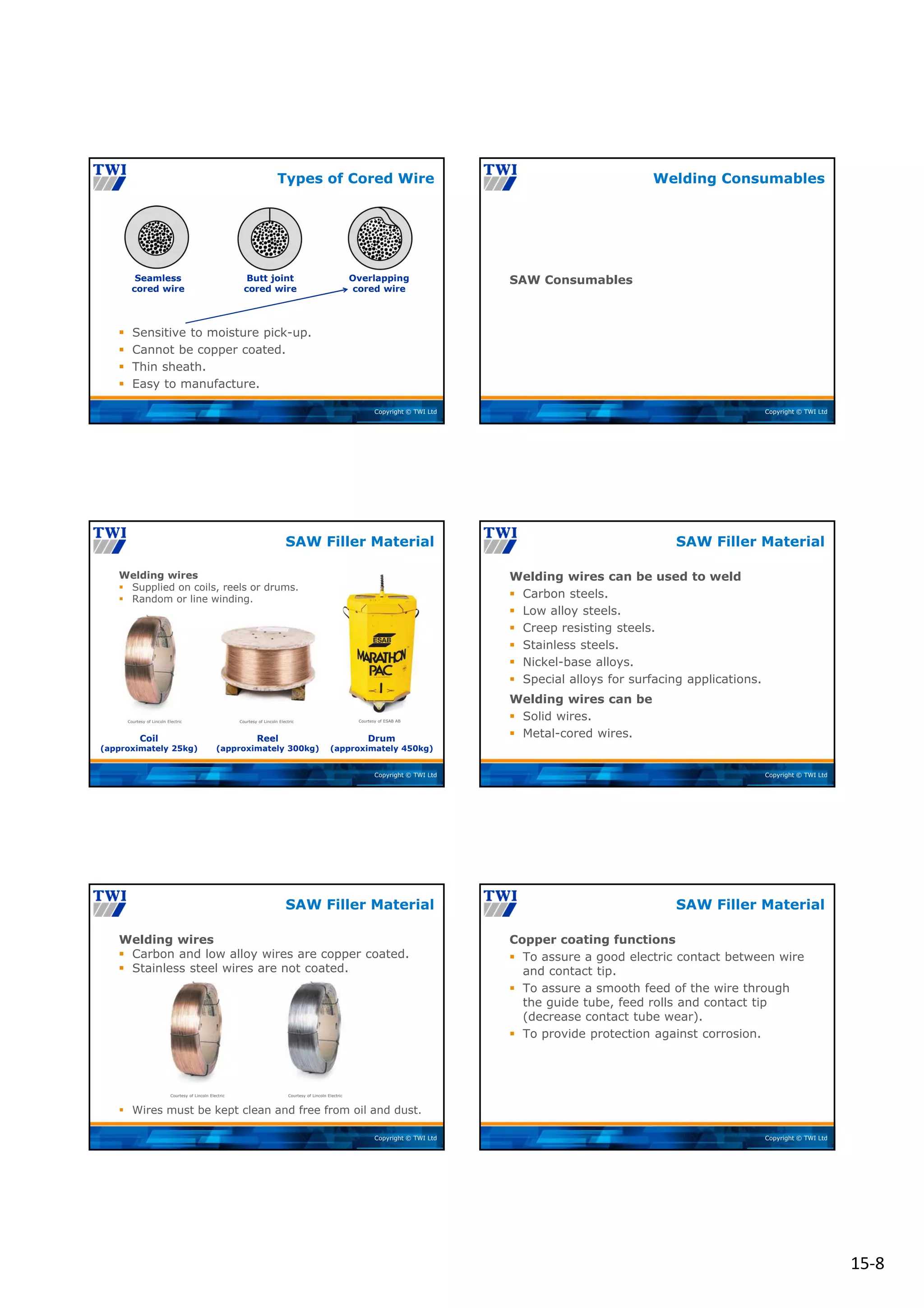 15‐8
Copyright © TWI Ltd
Seamless
cored wire
Butt joint
cored wire
Overlapping
cored wire
 Sensitive to moisture pick-up.
 Cannot be copper coated.
 Thin sheath.
 Easy to manufacture.
Types of Cored Wire
Copyright © TWI Ltd
SAW Consumables
Welding Consumables
Copyright © TWI Ltd
Welding wires
 Supplied on coils, reels or drums.
 Random or line winding.
SAW Filler Material
Coil
(approximately 25kg)
Reel
(approximately 300kg)
Drum
(approximately 450kg)
Courtesy of ESAB AB
Courtesy of Lincoln Electric Courtesy of Lincoln Electric
Copyright © TWI Ltd
Welding wires can be used to weld
 Carbon steels.
 Low alloy steels.
 Creep resisting steels.
 Stainless steels.
 Nickel-base alloys.
 Special alloys for surfacing applications.
Welding wires can be
 Solid wires.
 Metal-cored wires.
SAW Filler Material
Copyright © TWI Ltd
 Wires must be kept clean and free from oil and dust.
Courtesy of Lincoln Electric Courtesy of Lincoln Electric
Welding wires
 Carbon and low alloy wires are copper coated.
 Stainless steel wires are not coated.
SAW Filler Material
Copyright © TWI Ltd
Copper coating functions
 To assure a good electric contact between wire
and contact tip.
 To assure a smooth feed of the wire through
the guide tube, feed rolls and contact tip
(decrease contact tube wear).
 To provide protection against corrosion.
SAW Filler Material
 