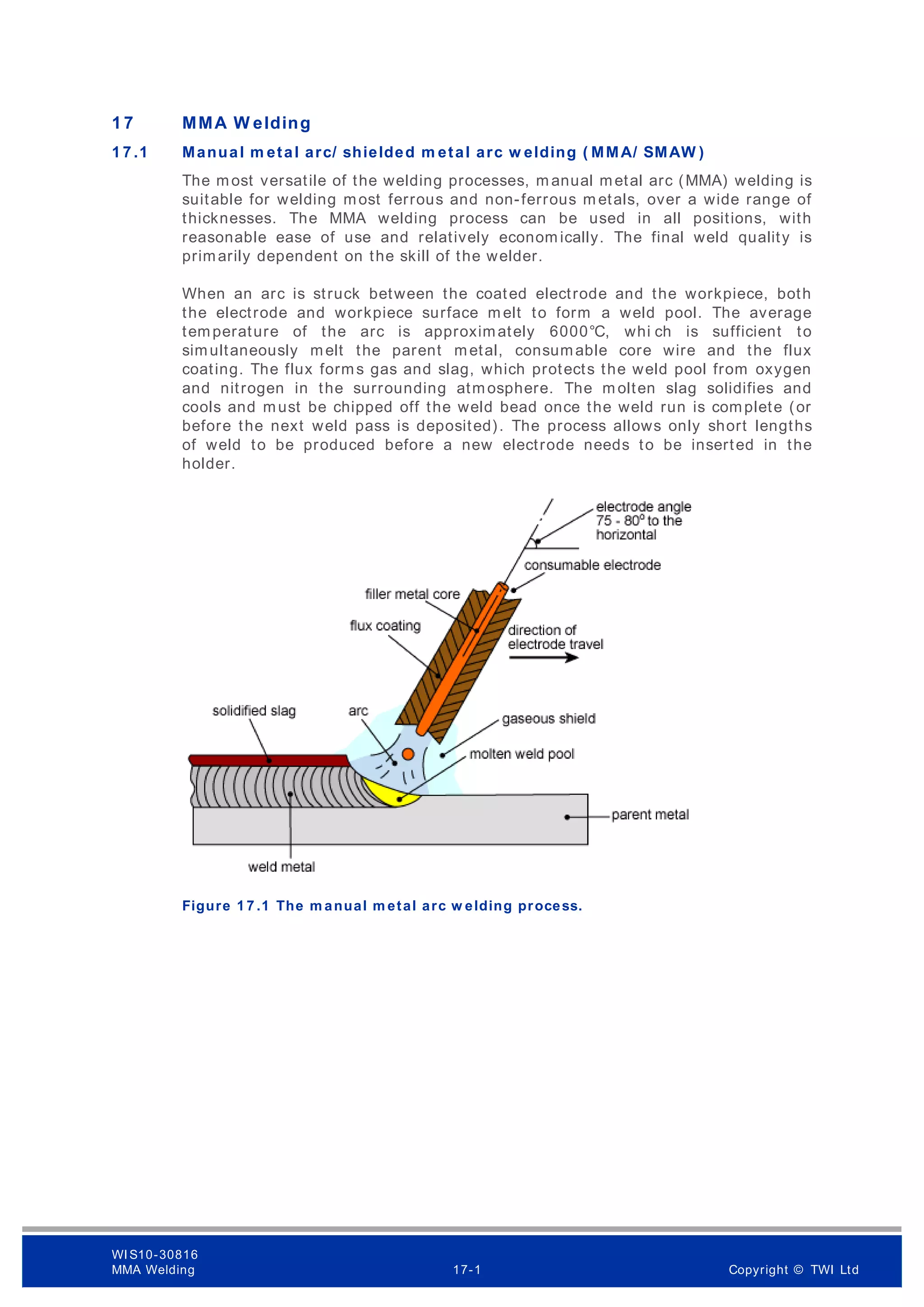 1 7 MMA W elding
1 7 .1 Manual m etal arc/ shielded m etal arc w elding ( MMA/ SMAW )
The most versatile of the welding processes, m anual metal arc (MMA) welding is
suitable for welding most ferrous and non-ferrous m etals, over a wide range of
thicknesses. The MMA welding process can be used in all positions, with
reasonable ease of use and relatively econom ically. The final weld quality is
primarily dependent on the skill of the welder.
When an arc is struck between the coated electrode and the workpiece, both
the electrode and workpiece surface m elt to form a weld pool. The average
temperature of the arc is approximately 6000°C, whi ch is sufficient to
simultaneously melt the parent metal, consumable core wire and the flux
coating. The flux forms gas and slag, which protects the weld pool from oxygen
and nitrogen in the surrounding atmosphere. The m olten slag solidifies and
cools and must be chipped off the weld bead once the weld run is complete (or
before the next weld pass is deposited). The process allows only short lengths
of weld to be produced before a new electrode needs to be inserted in the
holder.
Figure 1 7 .1 The m anual m etal arc w elding process.
WI S10-30816
MMA Welding 17-1 Copyright © TWI Ltd
 