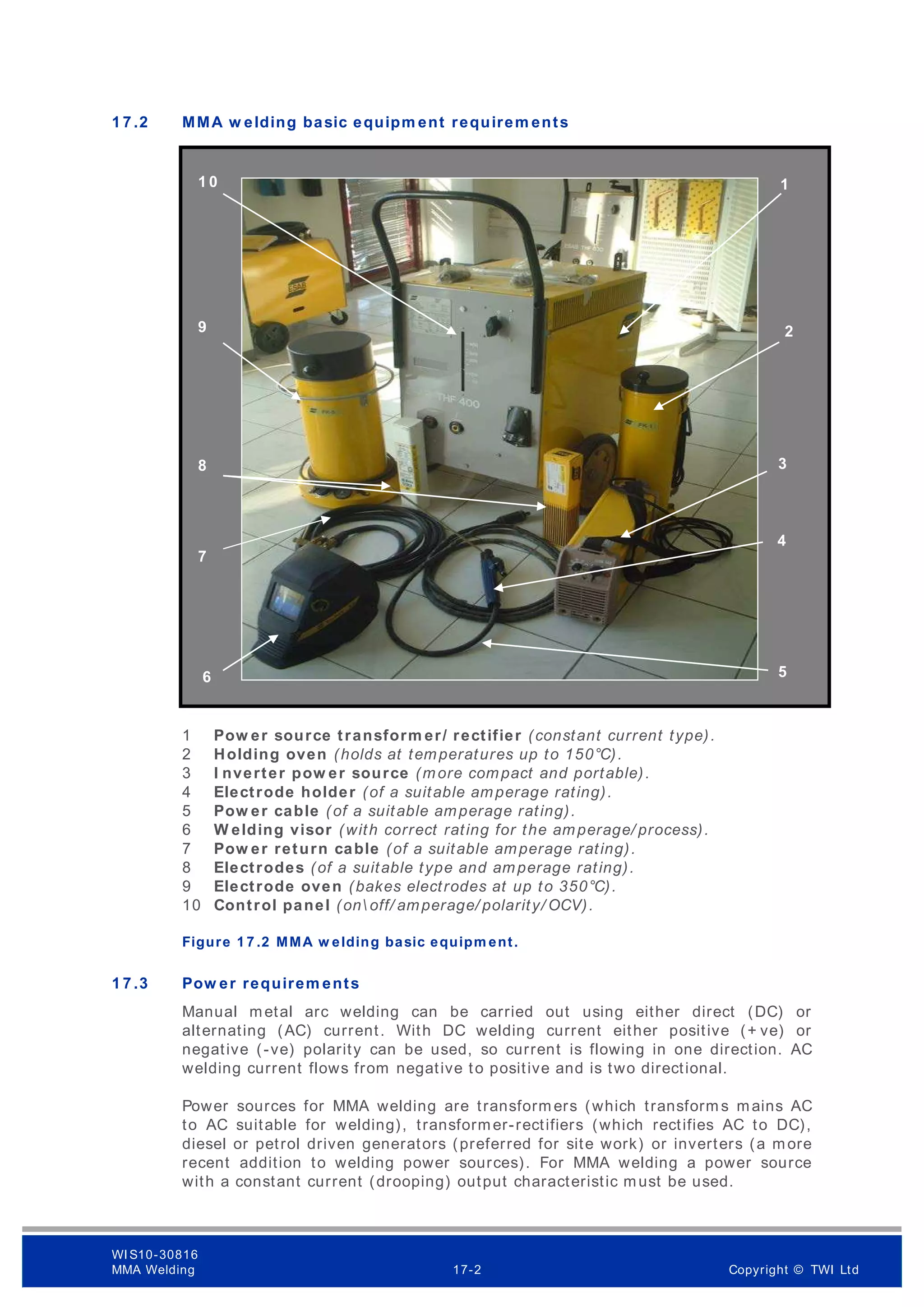 1 7 .2 MMA w elding basic equipm ent requirem ents
1 Pow er source transform er/ rectifier (constant current type).
2 Holding oven (holds at temperatures up to 150°C).
3 I nverter pow er source (more compact and portable).
4 Electrode holder (of a suitable amperage rating).
5 Pow er cable (of a suitable amperage rating).
6 W elding visor (with correct rating for the amperage/ process).
7 Pow er return cable (of a suitable amperage rating).
8 Electrodes (of a suitable type and amperage rating).
9 Electrode oven (bakes electrodes at up to 350°C).
10 Control panel (on off/ amperage/ polarity/ OCV).
Figure 1 7 .2 MMA w elding basic equipm ent.
1 7 .3 Pow er requirem ents
Manual metal arc welding can be carried out using either direct (DC) or
alternating (AC) current. With DC welding current either positive (+ ve) or
negative (-ve) polarity can be used, so current is flowing in one direction. AC
welding current flows from negative to positive and is two directional.
Power sources for MMA welding are transform ers (which transform s mains AC
to AC suitable for welding), transformer-rectifiers (which rectifies AC to DC),
diesel or petrol driven generators (preferred for site work) or inverters (a more
recent addition to welding power sources). For MMA welding a power source
with a constant current (drooping) output characteristic must be used.
1
2
1 0
5
4
3
8
9
7
6
WI S10-30816
MMA Welding 17-2 Copyright © TWI Ltd
 