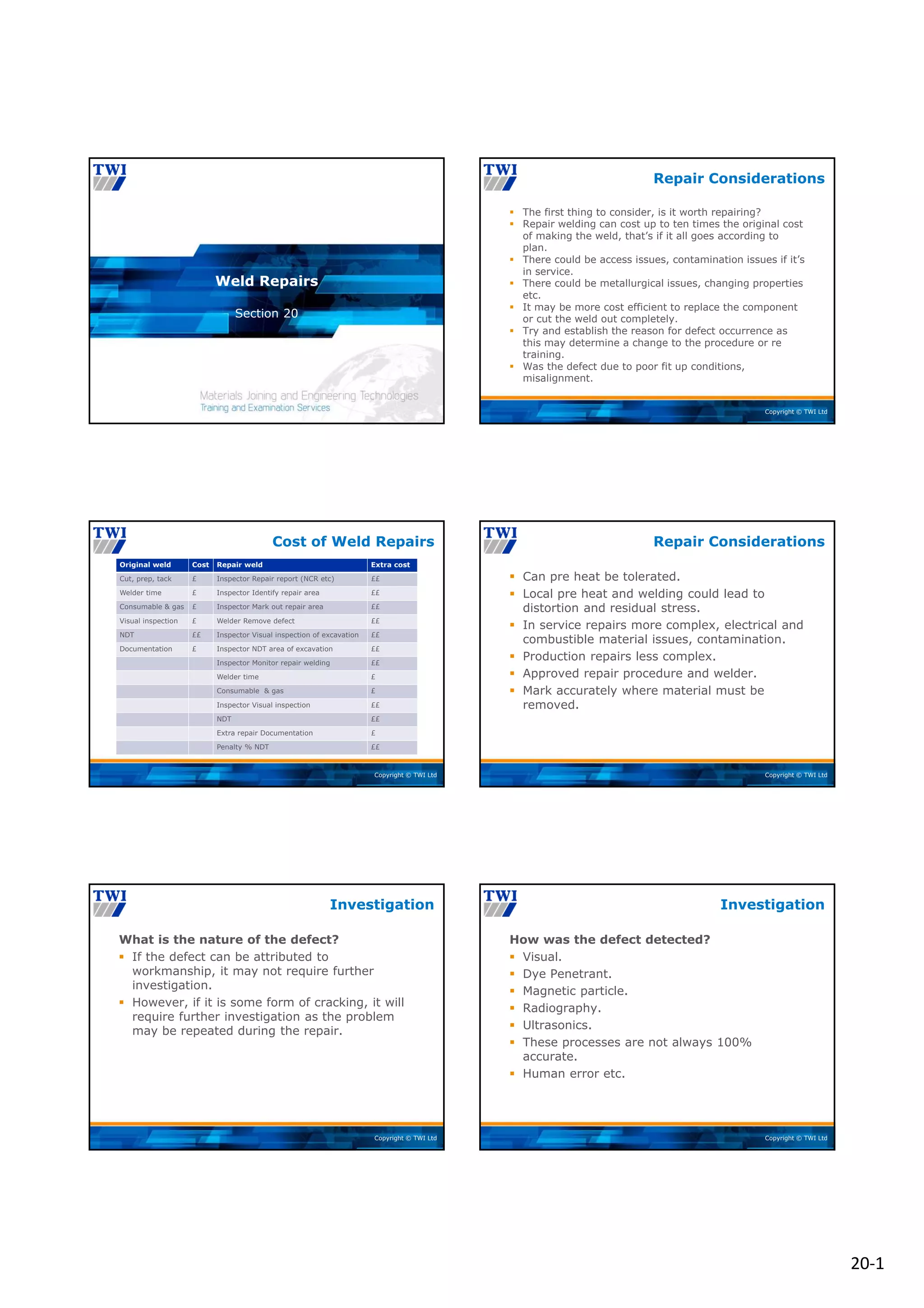 20‐1
Copyright © TWI Ltd
Section 20
Weld Repairs
Copyright © TWI Ltd
 The first thing to consider, is it worth repairing?
 Repair welding can cost up to ten times the original cost
of making the weld, that’s if it all goes according to
plan.
 There could be access issues, contamination issues if it’s
in service.
 There could be metallurgical issues, changing properties
etc.
 It may be more cost efficient to replace the component
or cut the weld out completely.
 Try and establish the reason for defect occurrence as
this may determine a change to the procedure or re
training.
 Was the defect due to poor fit up conditions,
misalignment.
Repair Considerations
Copyright © TWI Ltd
Cost of Weld Repairs
Original weld Cost Repair weld Extra cost
Cut, prep, tack £ Inspector Repair report (NCR etc) ££
Welder time £ Inspector Identify repair area ££
Consumable & gas £ Inspector Mark out repair area ££
Visual inspection £ Welder Remove defect ££
NDT ££ Inspector Visual inspection of excavation ££
Documentation £ Inspector NDT area of excavation ££
Inspector Monitor repair welding ££
Welder time £
Consumable & gas £
Inspector Visual inspection ££
NDT ££
Extra repair Documentation £
Penalty % NDT ££
Copyright © TWI Ltd
 Can pre heat be tolerated.
 Local pre heat and welding could lead to
distortion and residual stress.
 In service repairs more complex, electrical and
combustible material issues, contamination.
 Production repairs less complex.
 Approved repair procedure and welder.
 Mark accurately where material must be
removed.
Repair Considerations
Copyright © TWI Ltd
What is the nature of the defect?
 If the defect can be attributed to
workmanship, it may not require further
investigation.
 However, if it is some form of cracking, it will
require further investigation as the problem
may be repeated during the repair.
Investigation
Copyright © TWI Ltd
How was the defect detected?
 Visual.
 Dye Penetrant.
 Magnetic particle.
 Radiography.
 Ultrasonics.
 These processes are not always 100%
accurate.
 Human error etc.
Investigation
 