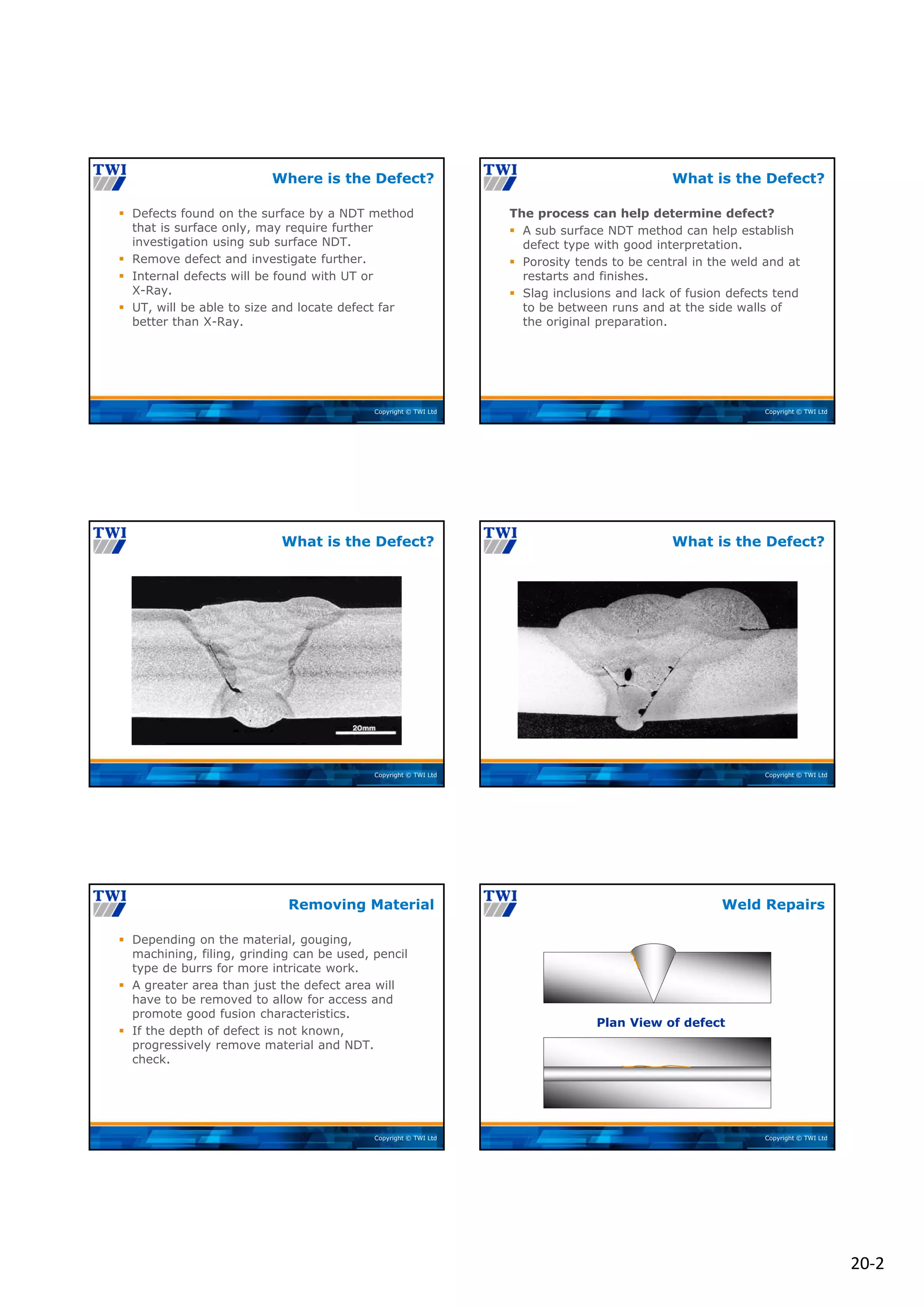 20‐2
Copyright © TWI Ltd
 Defects found on the surface by a NDT method
that is surface only, may require further
investigation using sub surface NDT.
 Remove defect and investigate further.
 Internal defects will be found with UT or
X-Ray.
 UT, will be able to size and locate defect far
better than X-Ray.
Where is the Defect?
Copyright © TWI Ltd
The process can help determine defect?
 A sub surface NDT method can help establish
defect type with good interpretation.
 Porosity tends to be central in the weld and at
restarts and finishes.
 Slag inclusions and lack of fusion defects tend
to be between runs and at the side walls of
the original preparation.
What is the Defect?
Copyright © TWI Ltd
What is the Defect?
Copyright © TWI Ltd
What is the Defect?
Copyright © TWI Ltd
 Depending on the material, gouging,
machining, filing, grinding can be used, pencil
type de burrs for more intricate work.
 A greater area than just the defect area will
have to be removed to allow for access and
promote good fusion characteristics.
 If the depth of defect is not known,
progressively remove material and NDT.
check.
Removing Material
Copyright © TWI Ltd
Weld Repairs
Plan View of defect
 