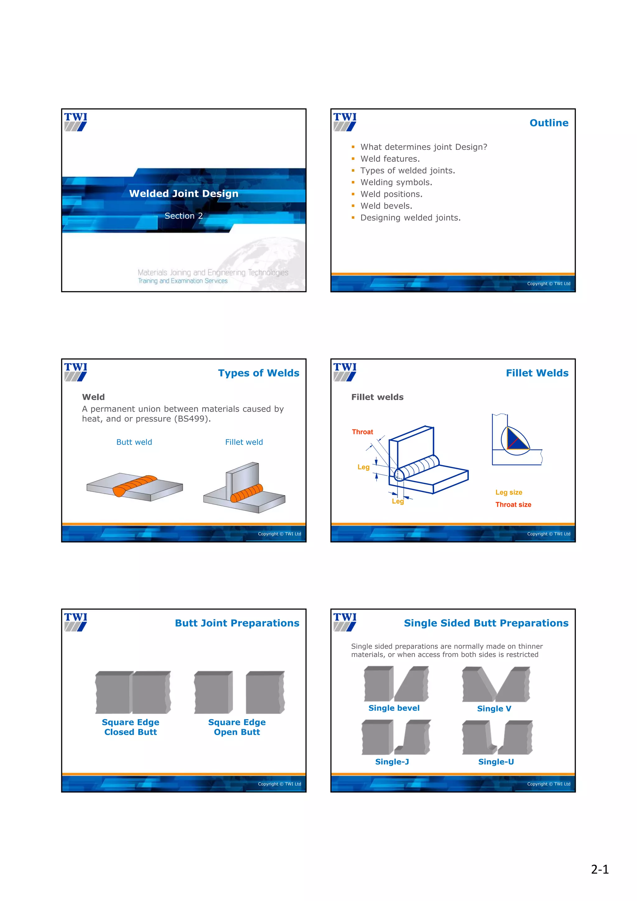 2‐1
Copyright © TWI Ltd
Section 2
Welded Joint Design
Copyright © TWI Ltd
 What determines joint Design?
 Weld features.
 Types of welded joints.
 Welding symbols.
 Weld positions.
 Weld bevels.
 Designing welded joints.
Outline
Copyright © TWI Ltd
Weld
A permanent union between materials caused by
heat, and or pressure (BS499).
Types of Welds
Fillet weld
Butt weld
Copyright © TWI Ltd
Fillet welds
Fillet Welds
Leg size
Throat size
Leg
Leg
Throat
Copyright © TWI Ltd
Butt Joint Preparations
Square Edge
Closed Butt
Square Edge
Open Butt
Copyright © TWI Ltd
Single sided preparations are normally made on thinner
materials, or when access from both sides is restricted
Single Sided Butt Preparations
Single bevel Single V
Single-J Single-U
 