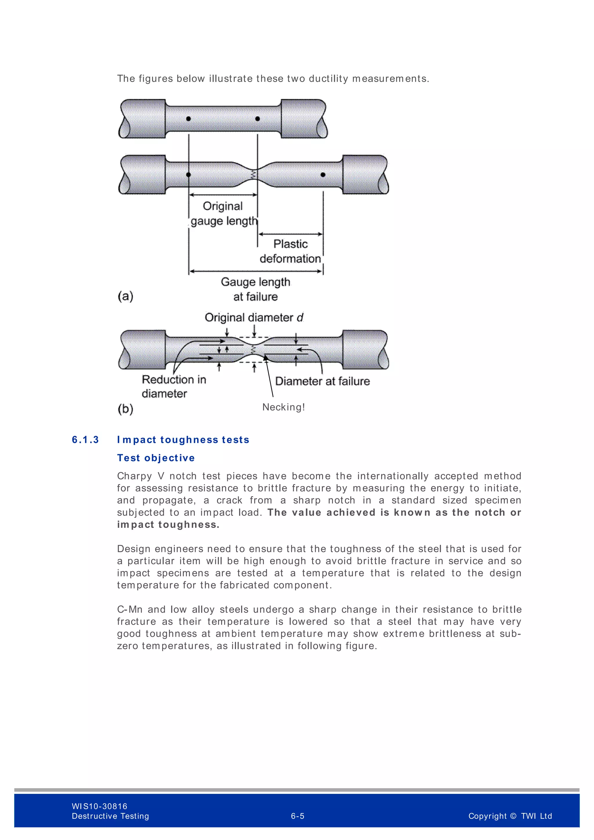 The figures below illustrate these two ductility measurem ents.
6 .1 .3 I m pact toughness tests
Test objective
Charpy V notch test pieces have become the internationally accepted method
for assessing resistance to brittle fracture by measuring the energy to initiate,
and propagate, a crack from a sharp notch in a standard sized specimen
subjected to an impact load. The value achieved is know n as the notch or
im pact toughness.
Design engineers need to ensure that the toughness of the steel that is used for
a particular item will be high enough to avoid brittle fracture in service and so
impact specimens are tested at a temperature that is related to the design
temperature for the fabricated component.
C-Mn and low alloy steels undergo a sharp change in their resistance to brittle
fracture as their temperature is lowered so that a steel that may have very
good toughness at ambient temperature may show extrem e brittleness at sub-
zero temperatures, as illustrated in following figure.
Necking!
WI S10-30816
Destructive Testing 6-5 Copyright © TWI Ltd
 