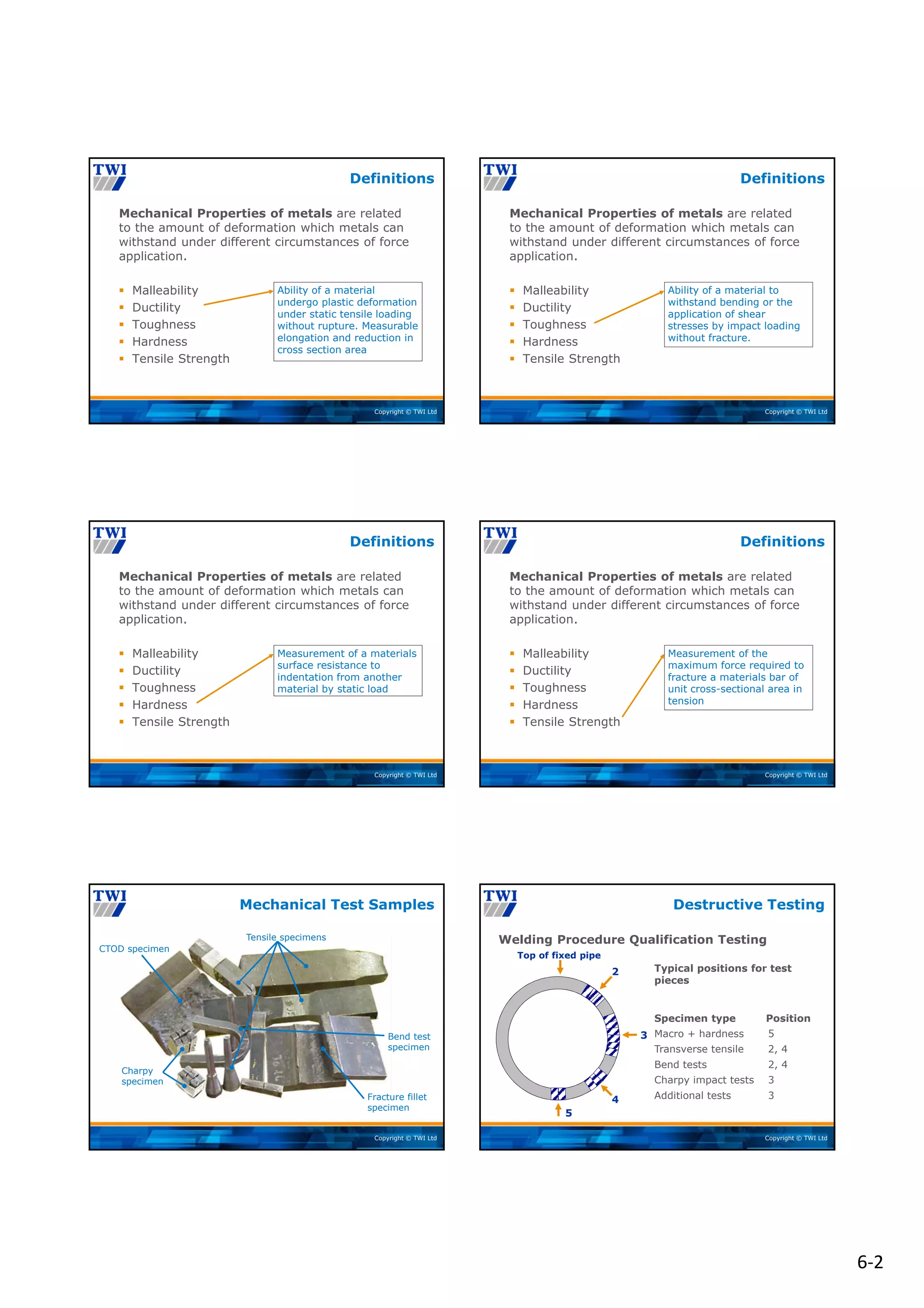 6‐2
Copyright © TWI Ltd
Definitions
Mechanical Properties of metals are related
to the amount of deformation which metals can
withstand under different circumstances of force
application.
 Malleability
 Ductility
 Toughness
 Hardness
 Tensile Strength
Ability of a material
undergo plastic deformation
under static tensile loading
without rupture. Measurable
elongation and reduction in
cross section area
Copyright © TWI Ltd
Definitions
Mechanical Properties of metals are related
to the amount of deformation which metals can
withstand under different circumstances of force
application.
 Malleability
 Ductility
 Toughness
 Hardness
 Tensile Strength
Ability of a material to
withstand bending or the
application of shear
stresses by impact loading
without fracture.
Copyright © TWI Ltd
Definitions
Mechanical Properties of metals are related
to the amount of deformation which metals can
withstand under different circumstances of force
application.
 Malleability
 Ductility
 Toughness
 Hardness
 Tensile Strength
Measurement of a materials
surface resistance to
indentation from another
material by static load
Copyright © TWI Ltd
Definitions
Mechanical Properties of metals are related
to the amount of deformation which metals can
withstand under different circumstances of force
application.
 Malleability
 Ductility
 Toughness
 Hardness
 Tensile Strength
Measurement of the
maximum force required to
fracture a materials bar of
unit cross-sectional area in
tension
Copyright © TWI Ltd
Mechanical Test Samples
Tensile specimens
Fracture fillet
specimen
CTOD specimen
Charpy
specimen
Bend test
specimen
Copyright © TWI Ltd
Welding Procedure Qualification Testing
Destructive Testing
Typical positions for test
pieces
Specimen type Position
Macro + hardness 5
Transverse tensile 2, 4
Bend tests 2, 4
Charpy impact tests 3
Additional tests 3
2
3
4
5
Top of fixed pipe
 