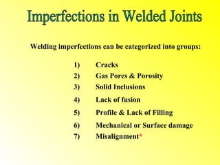 Welding imperfections can be categorized into groups:

             1)     Cracks
             2)     Gas Pores & Porosity
             3)     Solid Inclusions
             4)     Lack of fusion
             5)     Profile & Lack of Filling
             6)     Mechanical or Surface damage
             7)     Misalignment*
 