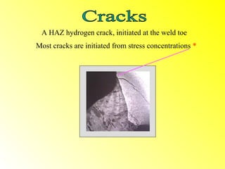 A HAZ hydrogen crack, initiated at the weld toe
Most cracks are initiated from stress concentrations *
 