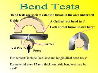 Bend tests are used to establish fusion in the area under test
Guide                          A Guided root bend test*
                               Lack of root fusion shown here*




                          Former
Test Piece
                  Force

Further tests include face, side and longitudinal bend tests*

For material over 12 mm thickness, side bend test may be
used*
 