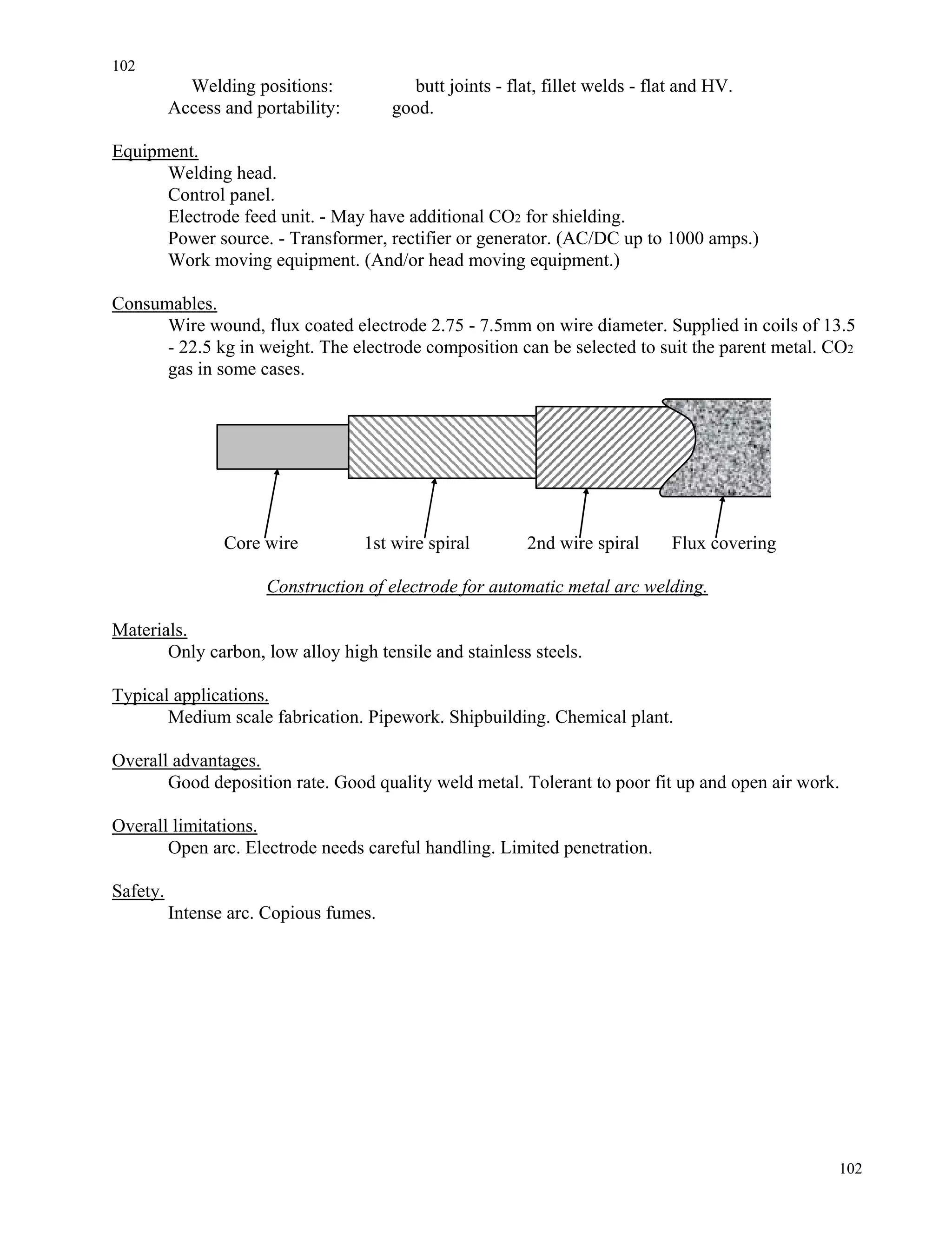 102
102
Welding positions: butt joints - flat, fillet welds - flat and HV.
Access and portability: good.
Equipment.
Welding head.
Control panel.
Electrode feed unit. - May have additional CO2 for shielding.
Power source. - Transformer, rectifier or generator. (AC/DC up to 1000 amps.)
Work moving equipment. (And/or head moving equipment.)
Consumables.
Wire wound, flux coated electrode 2.75 - 7.5mm on wire diameter. Supplied in coils of 13.5
- 22.5 kg in weight. The electrode composition can be selected to suit the parent metal. CO2
gas in some cases.
Core wire 1st wire spiral 2nd wire spiral Flux covering
Construction of electrode for automatic metal arc welding.
Materials.
Only carbon, low alloy high tensile and stainless steels.
Typical applications.
Medium scale fabrication. Pipework. Shipbuilding. Chemical plant.
Overall advantages.
Good deposition rate. Good quality weld metal. Tolerant to poor fit up and open air work.
Overall limitations.
Open arc. Electrode needs careful handling. Limited penetration.
Safety.
Intense arc. Copious fumes.
 