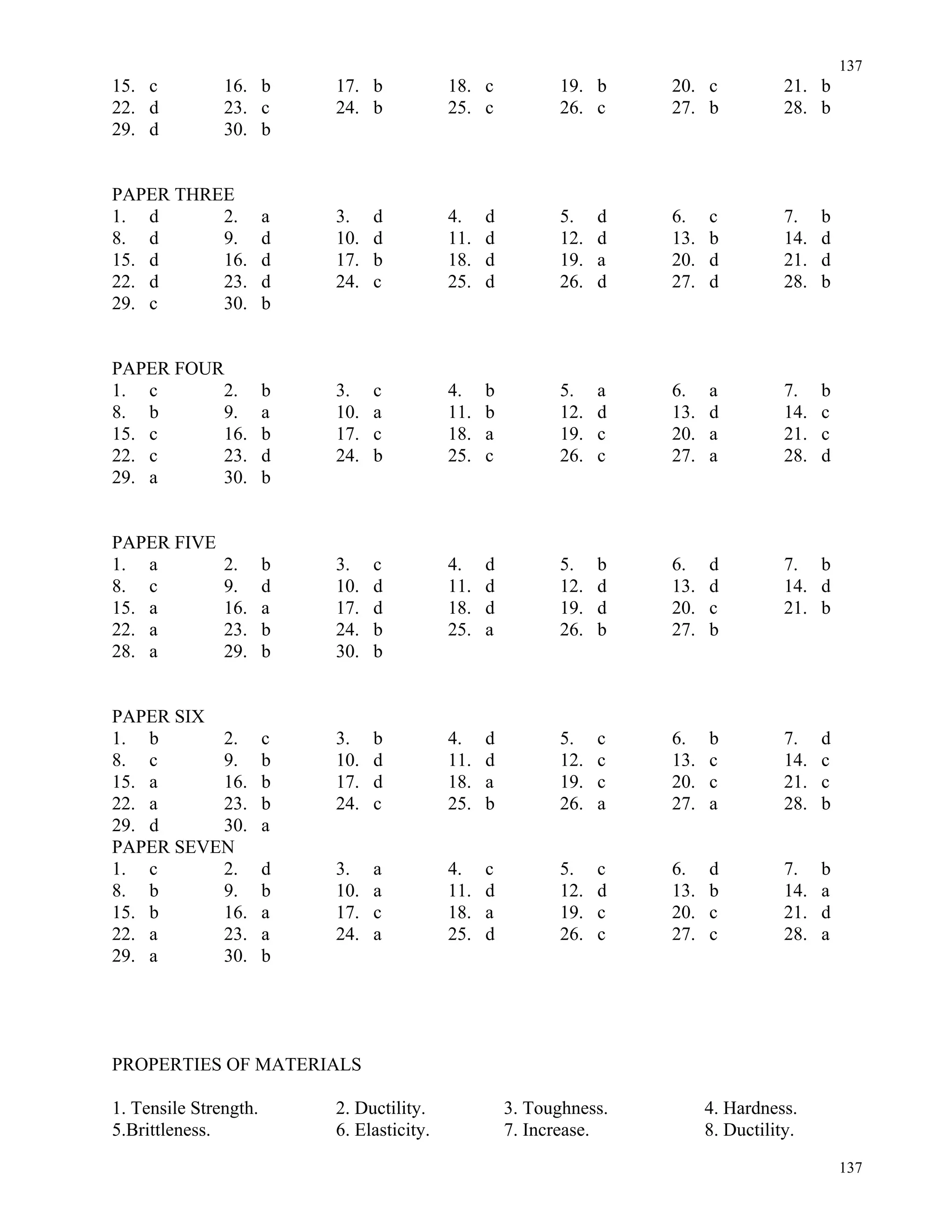 137
137
15. c 16. b 17. b 18. c 19. b 20. c 21. b
22. d 23. c 24. b 25. c 26. c 27. b 28. b
29. d 30. b
PAPER THREE
1. d 2. a 3. d 4. d 5. d 6. c 7. b
8. d 9. d 10. d 11. d 12. d 13. b 14. d
15. d 16. d 17. b 18. d 19. a 20. d 21. d
22. d 23. d 24. c 25. d 26. d 27. d 28. b
29. c 30. b
PAPER FOUR
1. c 2. b 3. c 4. b 5. a 6. a 7. b
8. b 9. a 10. a 11. b 12. d 13. d 14. c
15. c 16. b 17. c 18. a 19. c 20. a 21. c
22. c 23. d 24. b 25. c 26. c 27. a 28. d
29. a 30. b
PAPER FIVE
1. a 2. b 3. c 4. d 5. b 6. d 7. b
8. c 9. d 10. d 11. d 12. d 13. d 14. d
15. a 16. a 17. d 18. d 19. d 20. c 21. b
22. a 23. b 24. b 25. a 26. b 27. b
28. a 29. b 30. b
PAPER SIX
1. b 2. c 3. b 4. d 5. c 6. b 7. d
8. c 9. b 10. d 11. d 12. c 13. c 14. c
15. a 16. b 17. d 18. a 19. c 20. c 21. c
22. a 23. b 24. c 25. b 26. a 27. a 28. b
29. d 30. a
PAPER SEVEN
1. c 2. d 3. a 4. c 5. c 6. d 7. b
8. b 9. b 10. a 11. d 12. d 13. b 14. a
15. b 16. a 17. c 18. a 19. c 20. c 21. d
22. a 23. a 24. a 25. d 26. c 27. c 28. a
29. a 30. b
PROPERTIES OF MATERIALS
1. Tensile Strength. 2. Ductility. 3. Toughness. 4. Hardness.
5.Brittleness. 6. Elasticity. 7. Increase. 8. Ductility.
 