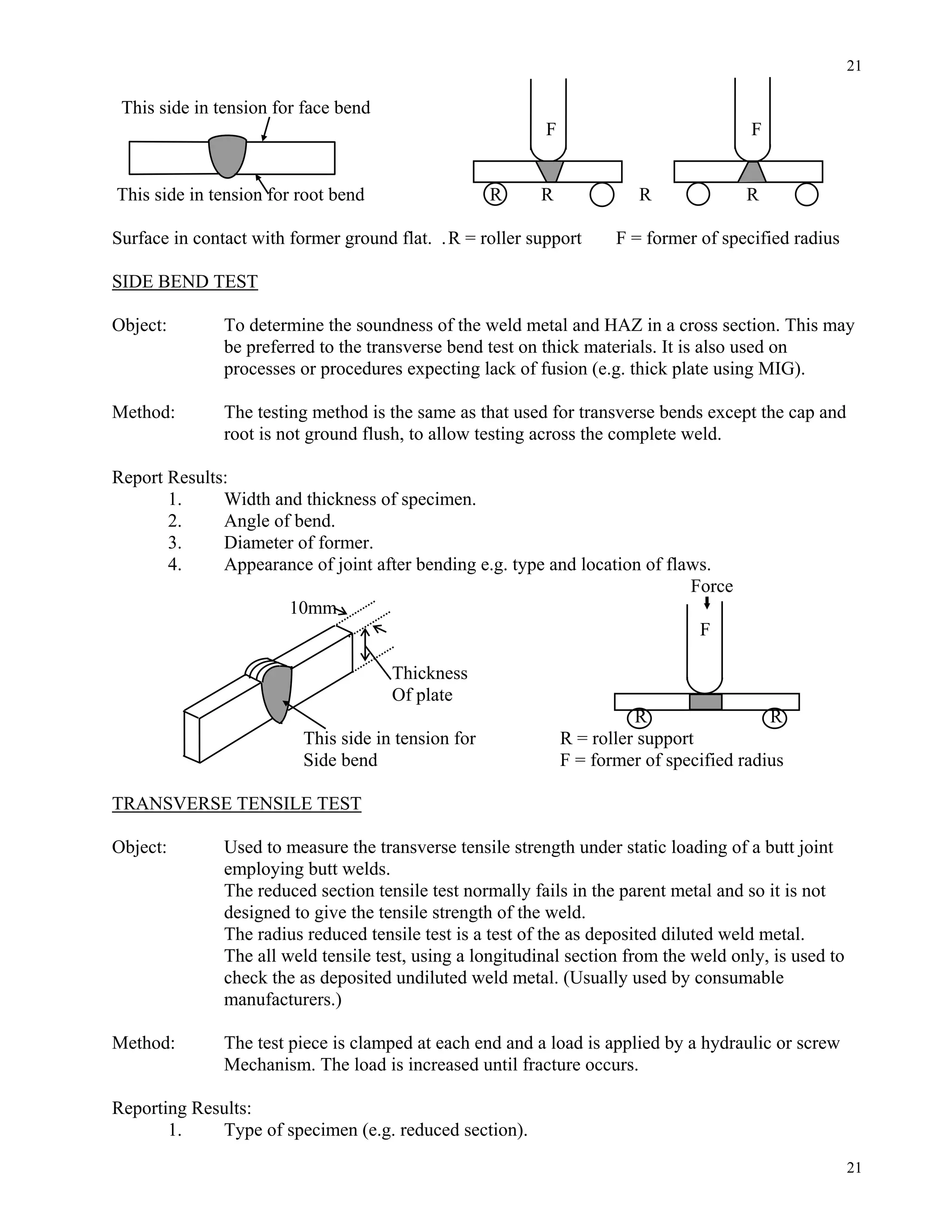 21
21
This side in tension for face bend
F F
This side in tension for root bend R R R R
Surface in contact with former ground flat. .R = roller support F = former of specified radius
SIDE BEND TEST
Object: To determine the soundness of the weld metal and HAZ in a cross section. This may
be preferred to the transverse bend test on thick materials. It is also used on
processes or procedures expecting lack of fusion (e.g. thick plate using MIG).
Method: The testing method is the same as that used for transverse bends except the cap and
root is not ground flush, to allow testing across the complete weld.
Report Results:
1. Width and thickness of specimen.
2. Angle of bend.
3. Diameter of former.
4. Appearance of joint after bending e.g. type and location of flaws.
Force
10mm
F
Thickness
Of plate
R R
This side in tension for R = roller support
Side bend F = former of specified radius
TRANSVERSE TENSILE TEST
Object: Used to measure the transverse tensile strength under static loading of a butt joint
employing butt welds.
The reduced section tensile test normally fails in the parent metal and so it is not
designed to give the tensile strength of the weld.
The radius reduced tensile test is a test of the as deposited diluted weld metal.
The all weld tensile test, using a longitudinal section from the weld only, is used to
check the as deposited undiluted weld metal. (Usually used by consumable
manufacturers.)
Method: The test piece is clamped at each end and a load is applied by a hydraulic or screw
Mechanism. The load is increased until fracture occurs.
Reporting Results:
1. Type of specimen (e.g. reduced section).
 