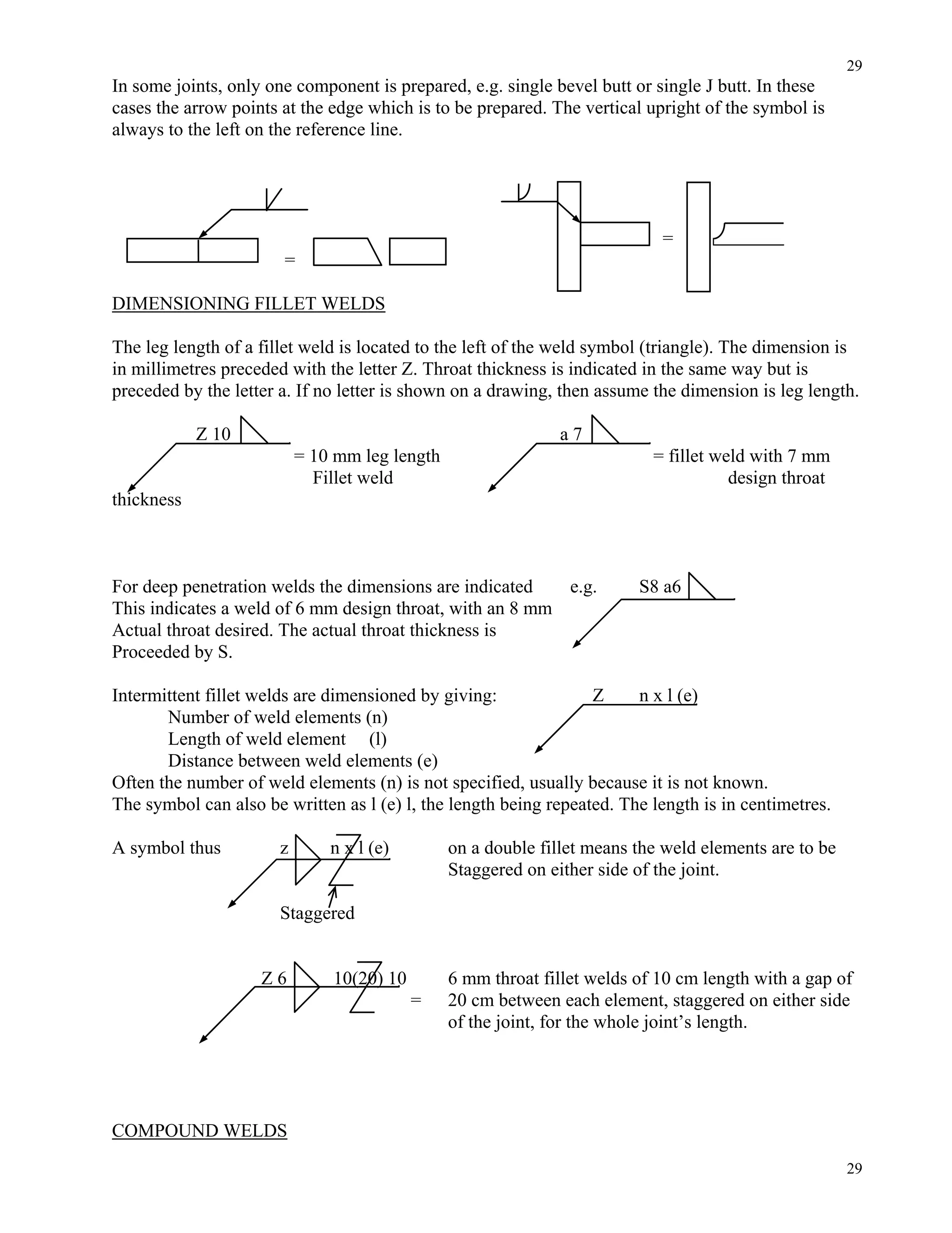 29
29
In some joints, only one component is prepared, e.g. single bevel butt or single J butt. In these
cases the arrow points at the edge which is to be prepared. The vertical upright of the symbol is
always to the left on the reference line.
=
=
DIMENSIONING FILLET WELDS
The leg length of a fillet weld is located to the left of the weld symbol (triangle). The dimension is
in millimetres preceded with the letter Z. Throat thickness is indicated in the same way but is
preceded by the letter a. If no letter is shown on a drawing, then assume the dimension is leg length.
Z 10 a 7
= 10 mm leg length = fillet weld with 7 mm
Fillet weld design throat
thickness
For deep penetration welds the dimensions are indicated e.g. S8 a6
This indicates a weld of 6 mm design throat, with an 8 mm
Actual throat desired. The actual throat thickness is
Proceeded by S.
Intermittent fillet welds are dimensioned by giving: Z n x l (e)
Number of weld elements (n)
Length of weld element (l)
Distance between weld elements (e)
Often the number of weld elements (n) is not specified, usually because it is not known.
The symbol can also be written as l (e) l, the length being repeated. The length is in centimetres.
A symbol thus z n x l (e) on a double fillet means the weld elements are to be
Staggered on either side of the joint.
Staggered
Z 6 10(20) 10 6 mm throat fillet welds of 10 cm length with a gap of
= 20 cm between each element, staggered on either side
of the joint, for the whole joint’s length.
COMPOUND WELDS
 