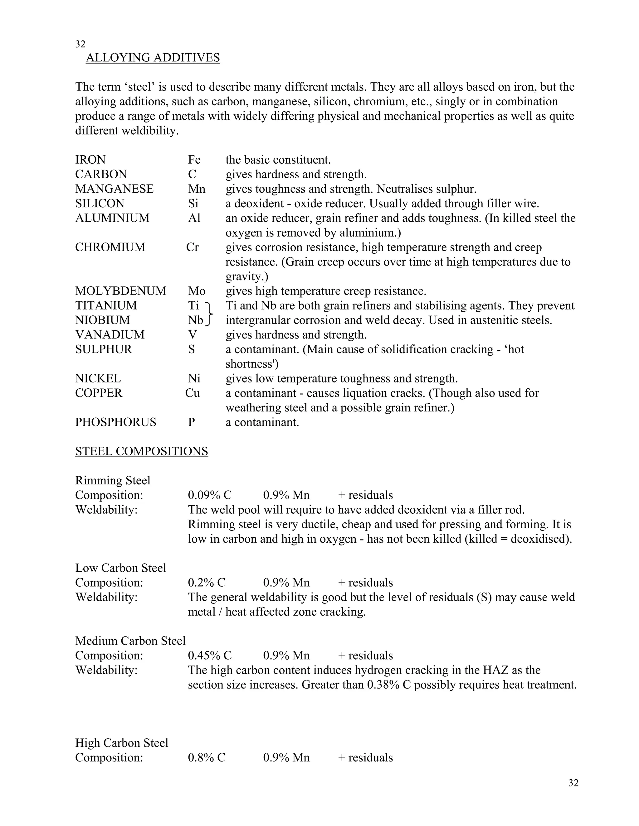 32
32
ALLOYING ADDITIVES
The term ‘steel’ is used to describe many different metals. They are all alloys based on iron, but the
alloying additions, such as carbon, manganese, silicon, chromium, etc., singly or in combination
produce a range of metals with widely differing physical and mechanical properties as well as quite
different weldibility.
IRON Fe the basic constituent.
CARBON C gives hardness and strength.
MANGANESE Mn gives toughness and strength. Neutralises sulphur.
SILICON Si a deoxident - oxide reducer. Usually added through filler wire.
ALUMINIUM Al an oxide reducer, grain refiner and adds toughness. (In killed steel the
oxygen is removed by aluminium.)
CHROMIUM Cr gives corrosion resistance, high temperature strength and creep
resistance. (Grain creep occurs over time at high temperatures due to
gravity.)
MOLYBDENUM Mo gives high temperature creep resistance.
TITANIUM Ti Ti and Nb are both grain refiners and stabilising agents. They prevent
NIOBIUM Nb intergranular corrosion and weld decay. Used in austenitic steels.
VANADIUM V gives hardness and strength.
SULPHUR S a contaminant. (Main cause of solidification cracking - ‘hot
shortness')
NICKEL Ni gives low temperature toughness and strength.
COPPER Cu a contaminant - causes liquation cracks. (Though also used for
weathering steel and a possible grain refiner.)
PHOSPHORUS P a contaminant.
STEEL COMPOSITIONS
Rimming Steel
Composition: 0.09% C 0.9% Mn + residuals
Weldability: The weld pool will require to have added deoxident via a filler rod.
Rimming steel is very ductile, cheap and used for pressing and forming. It is
low in carbon and high in oxygen - has not been killed (killed = deoxidised).
Low Carbon Steel
Composition: 0.2% C 0.9% Mn + residuals
Weldability: The general weldability is good but the level of residuals (S) may cause weld
metal / heat affected zone cracking.
Medium Carbon Steel
Composition: 0.45% C 0.9% Mn + residuals
Weldability: The high carbon content induces hydrogen cracking in the HAZ as the
section size increases. Greater than 0.38% C possibly requires heat treatment.
High Carbon Steel
Composition: 0.8% C 0.9% Mn + residuals
 